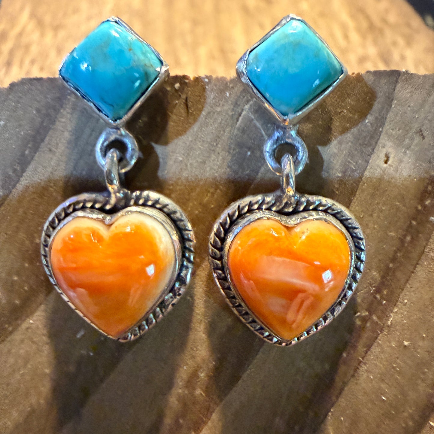 Kingman Turquoise And Orange Spiny Turquoise Heart Stud Earring Sterling Silver