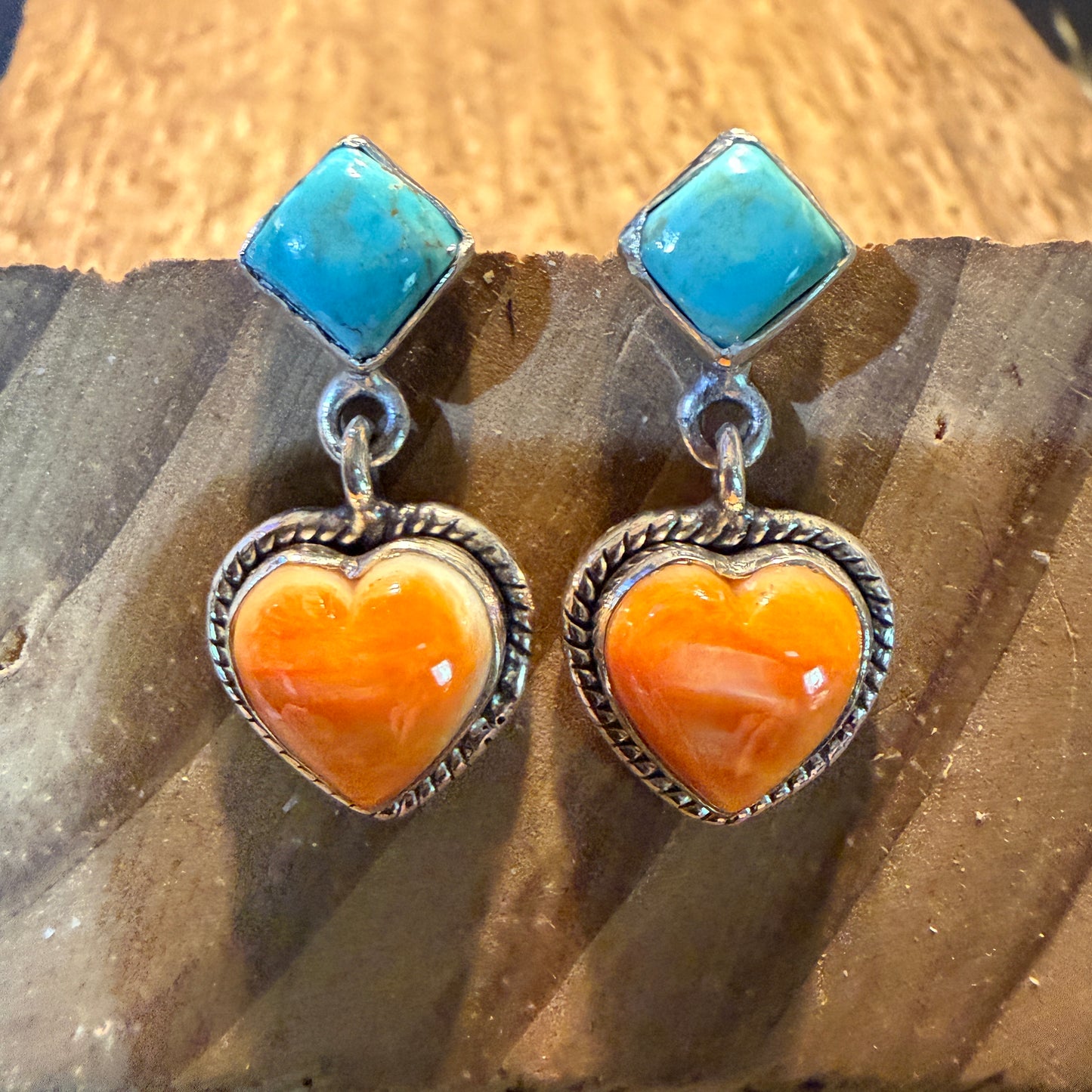Kingman Turquoise And Orange Spiny Turquoise Heart Stud Earring Sterling Silver
