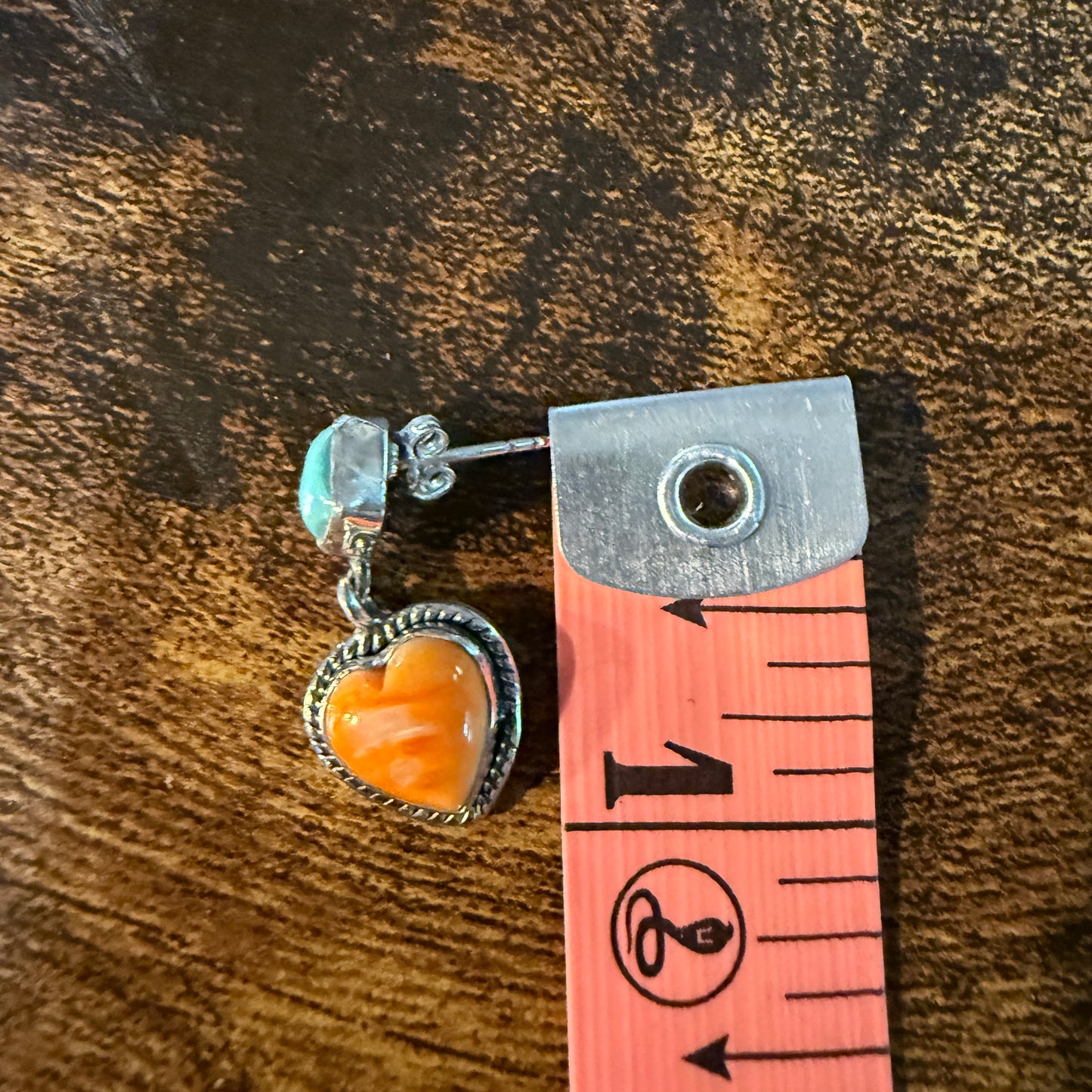 Kingman Turquoise And Orange Spiny Turquoise Heart Stud Earring Sterling Silver