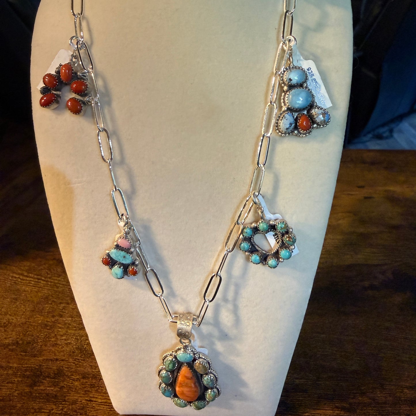 Coral And Turquoise Gemstone Charms Pendant Necklace Sterling Silver