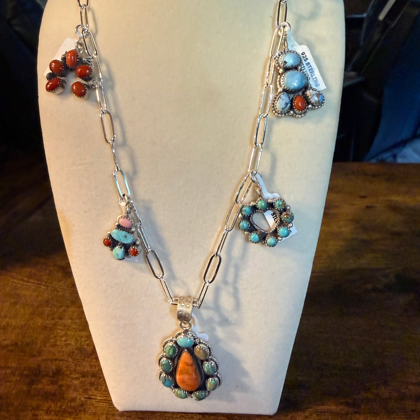 Coral And Turquoise Gemstone Charms Pendant Necklace Sterling Silver