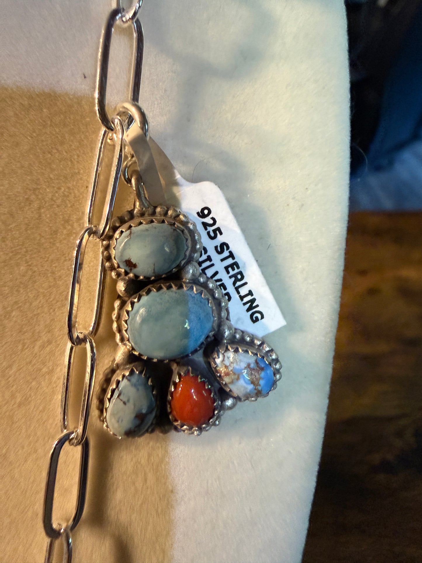 Coral And Turquoise Gemstone Charms Pendant Necklace Sterling Silver