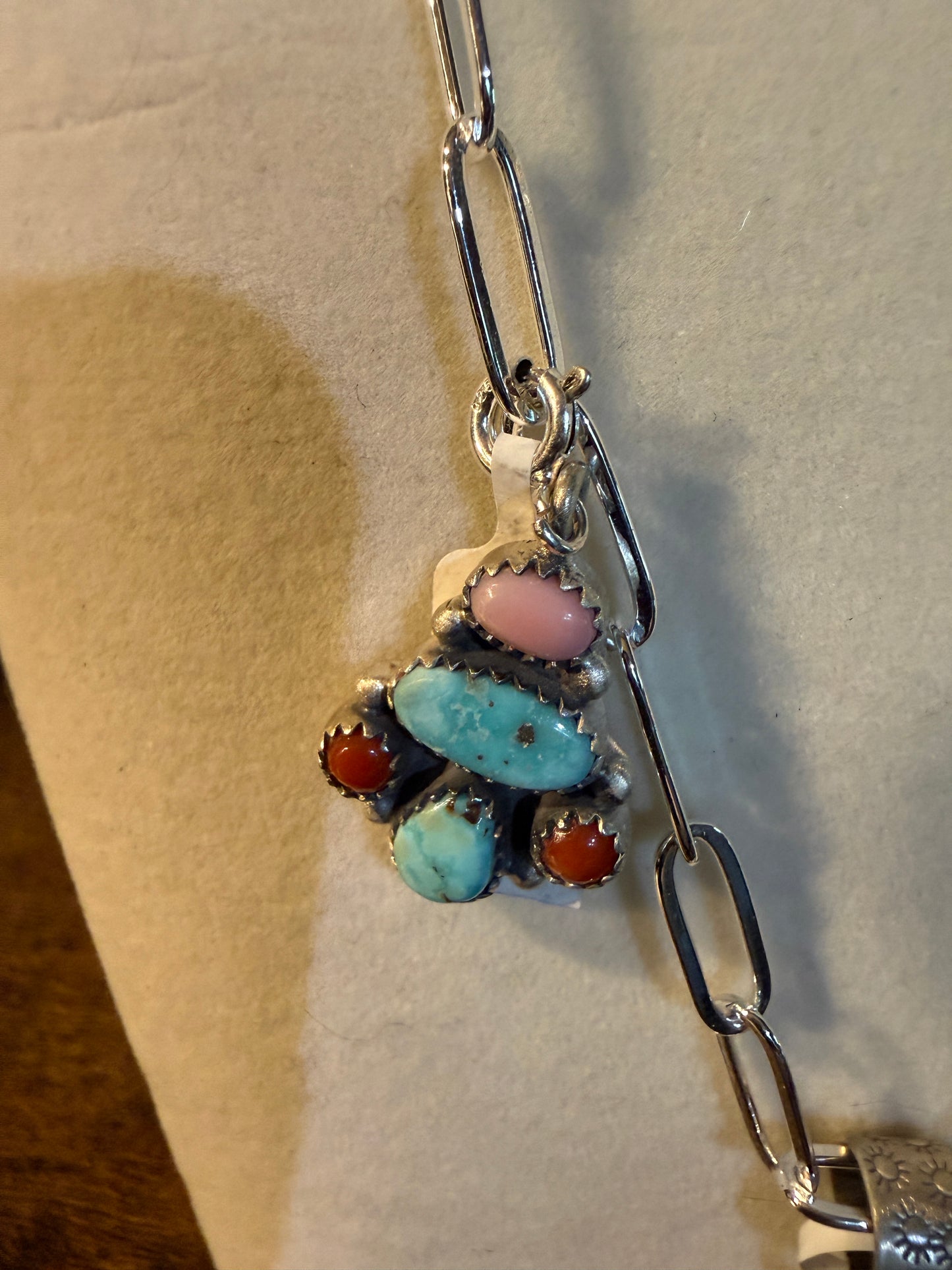 Coral And Turquoise Gemstone Charms Pendant Necklace Sterling Silver