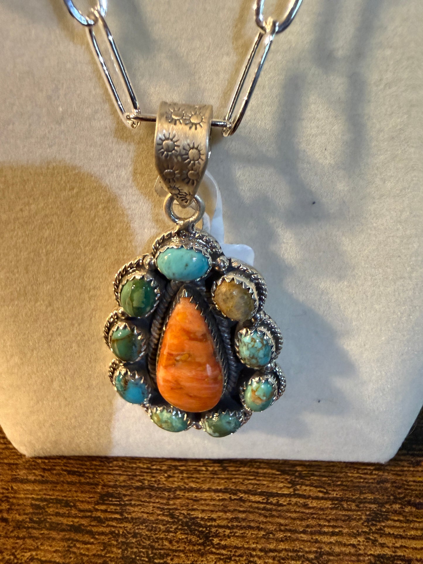 Coral And Turquoise Gemstone Charms Pendant Necklace Sterling Silver