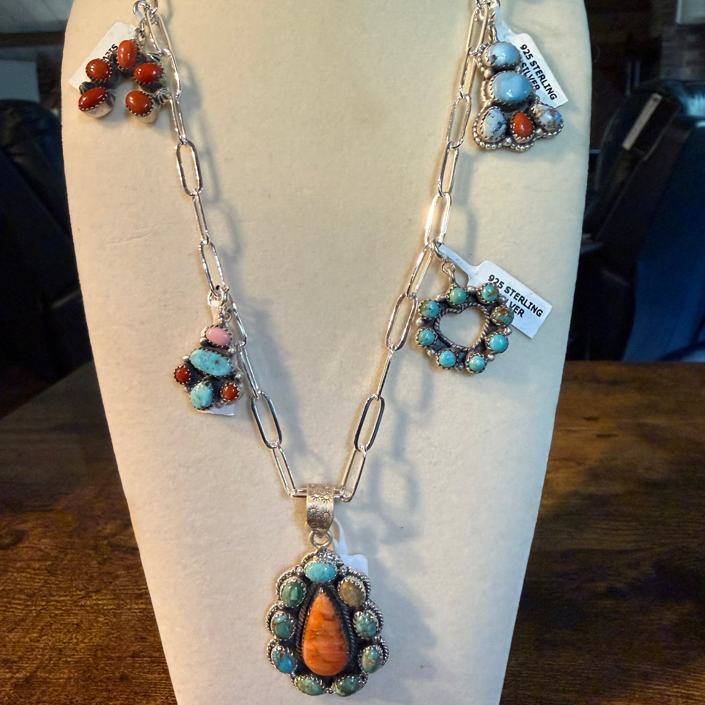 Coral And Turquoise Gemstone Charms Pendant Necklace Sterling Silver