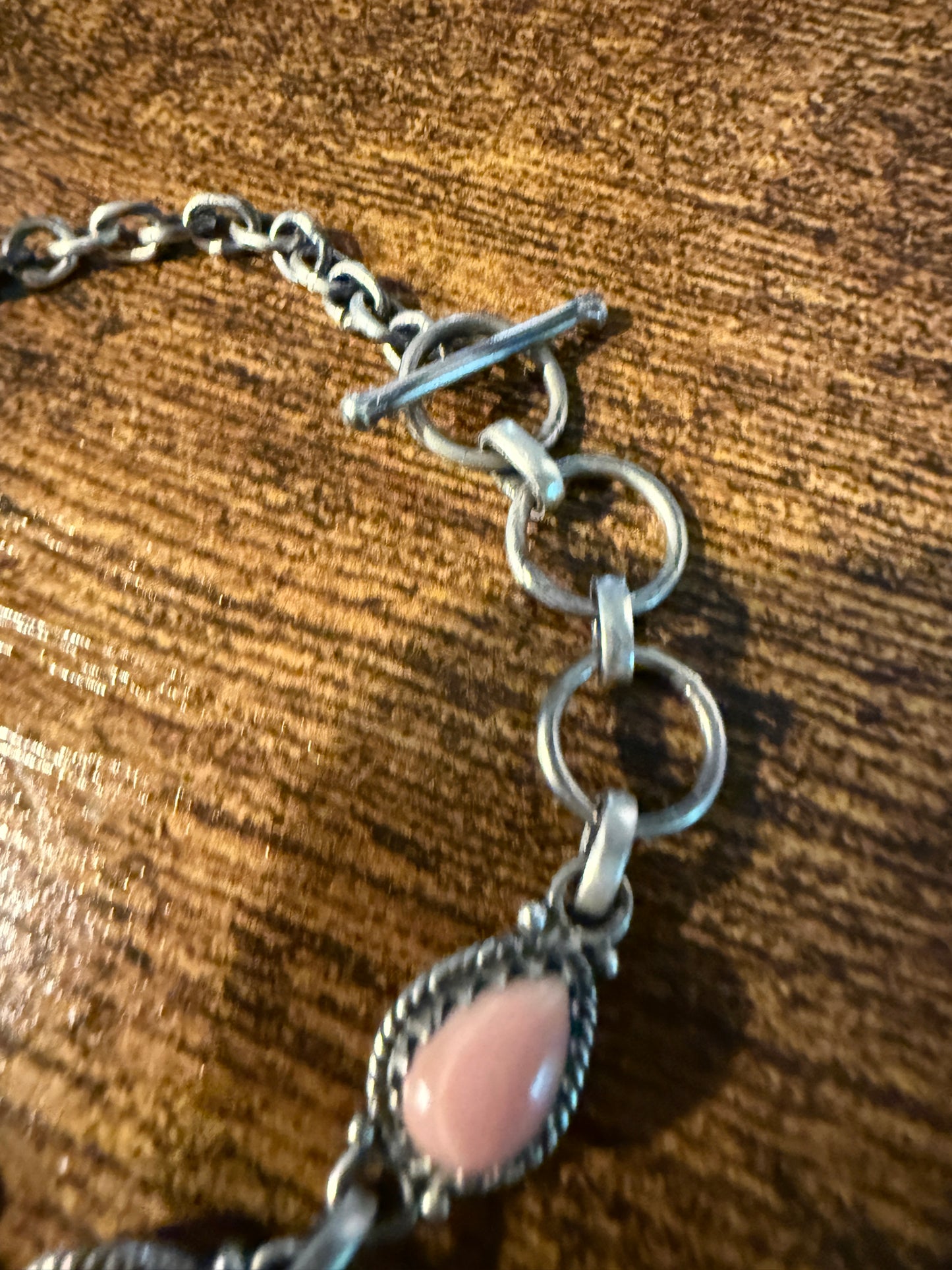 Antique Style Pink Conch Bracelet 8 Inches Oxidized Sterling Silver Adjustable