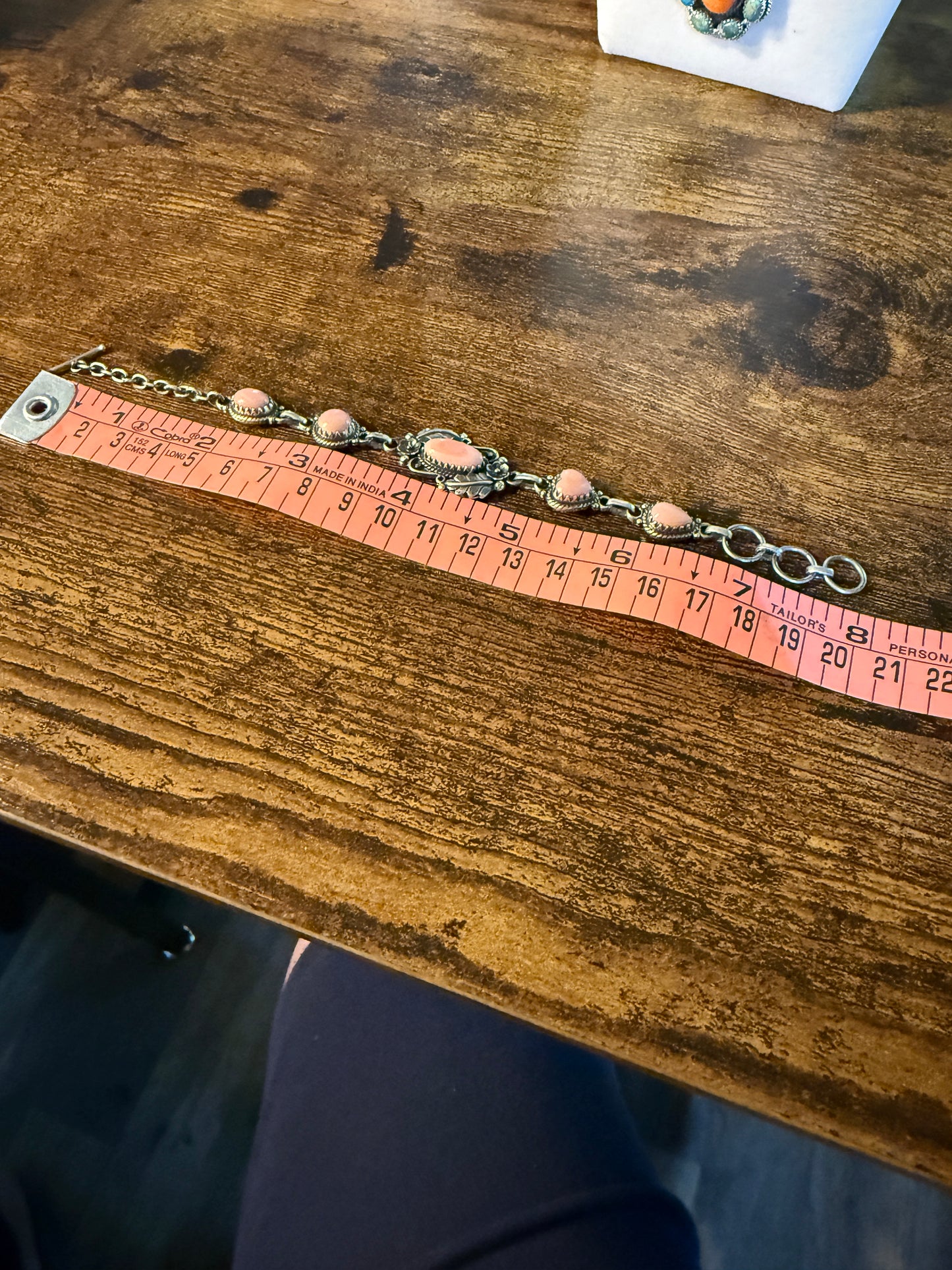 Antique Style Pink Conch Bracelet 8 Inches Oxidized Sterling Silver Adjustable