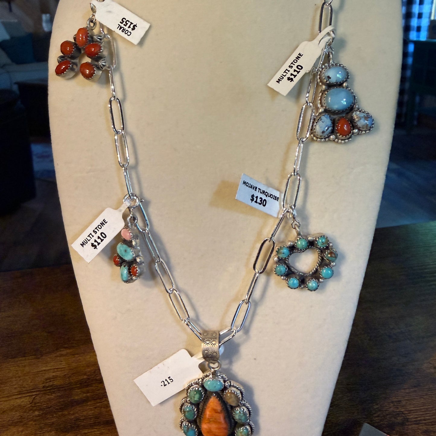 Coral And Turquoise Gemstone Charms Pendant Necklace Sterling Silver