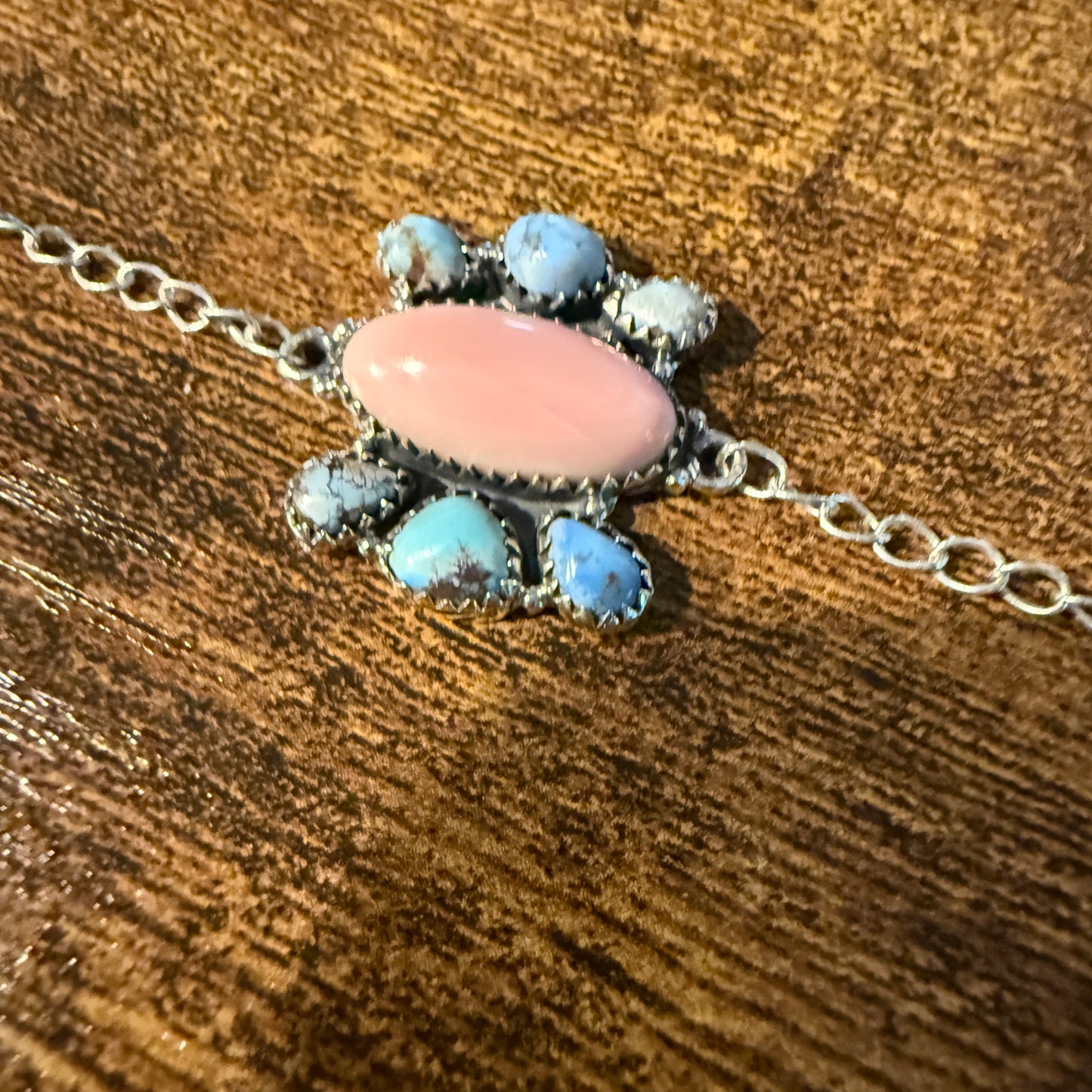 Pink Conch And White Water Turquoise Gemstone Bracelet Sterling Silver 8 Inch