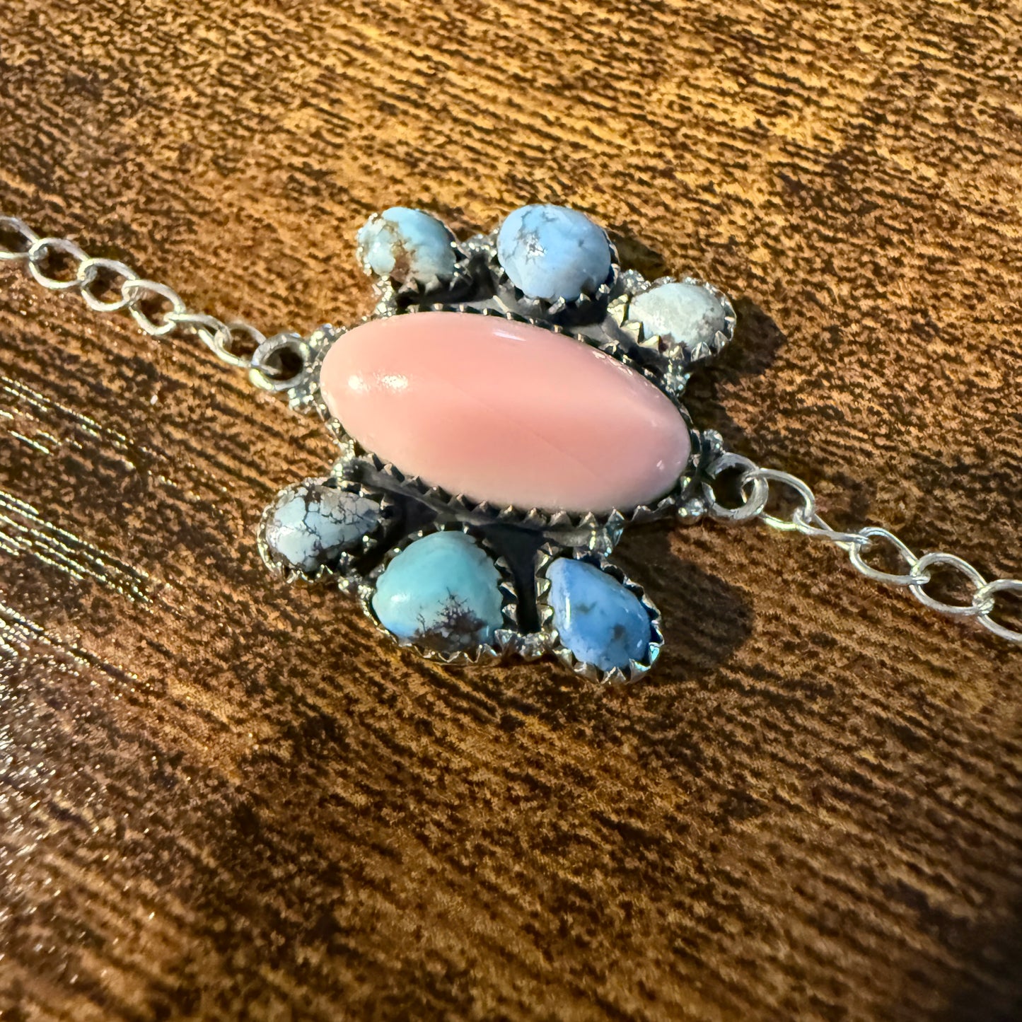 Pink Conch And White Water Turquoise Gemstone Bracelet Sterling Silver 8 Inch