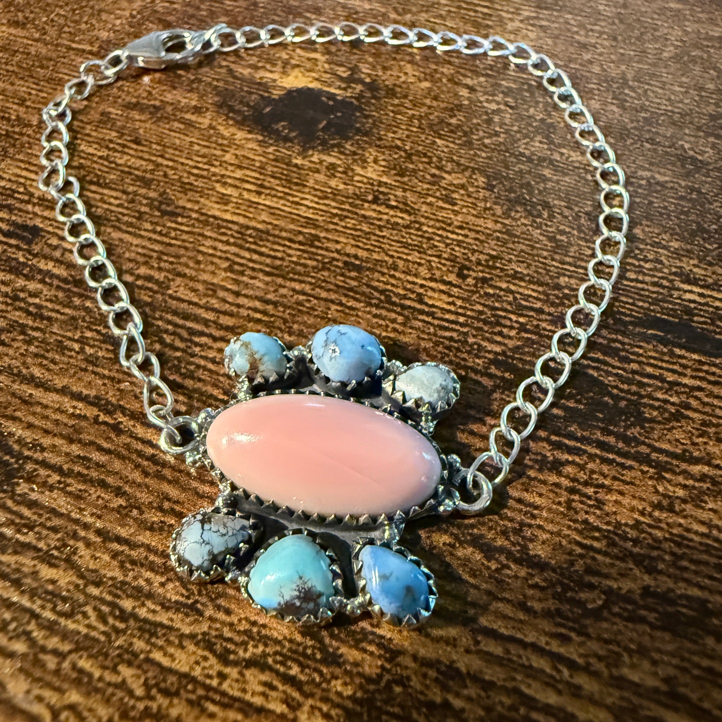 Pink Conch And White Water Turquoise Gemstone Bracelet Sterling Silver 8 Inch