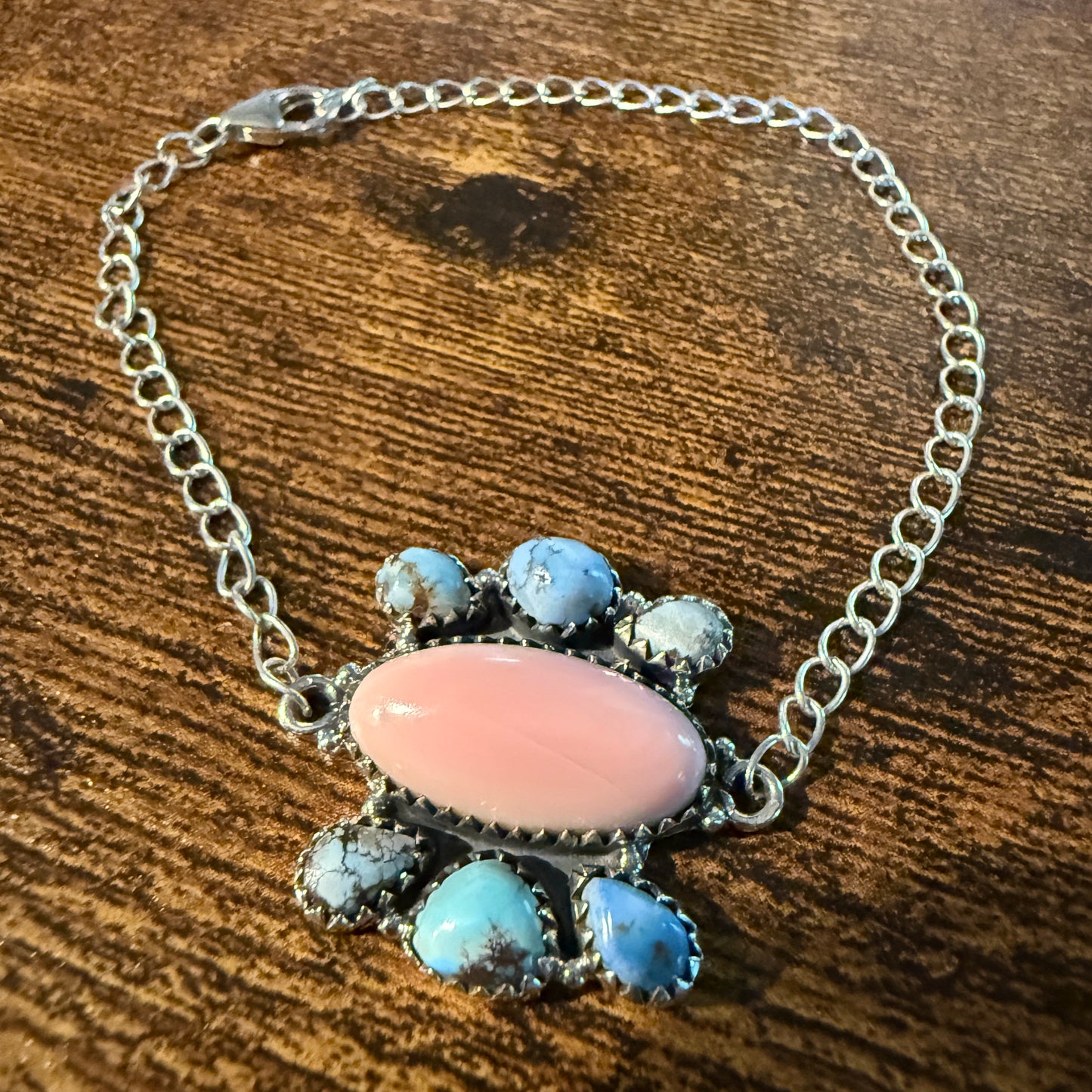 Pink Conch And White Water Turquoise Gemstone Bracelet Sterling Silver 8 Inch