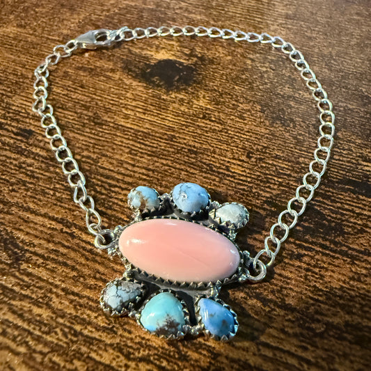 Pink Conch And White Water Turquoise Gemstone Bracelet Sterling Silver 8 Inch