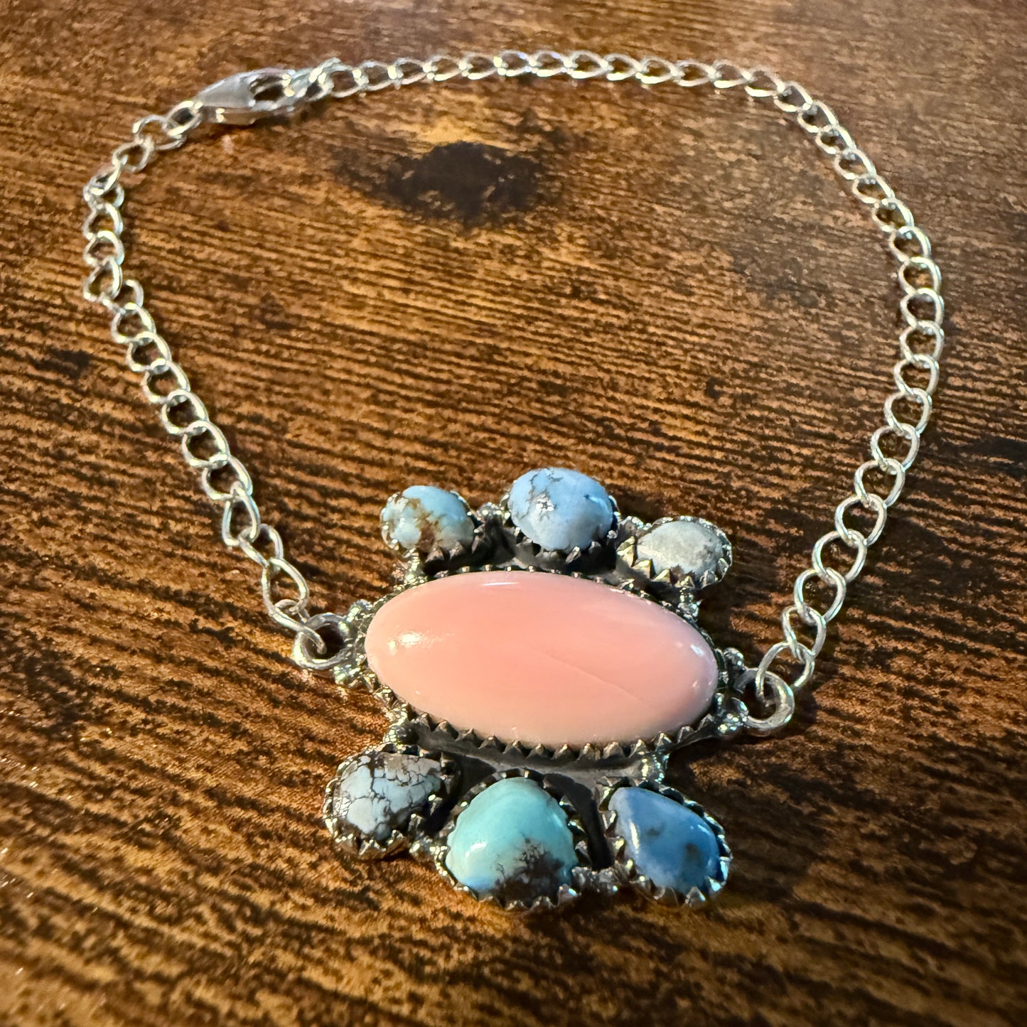 Pink Conch And White Water Turquoise Gemstone Bracelet Sterling Silver 8 Inch