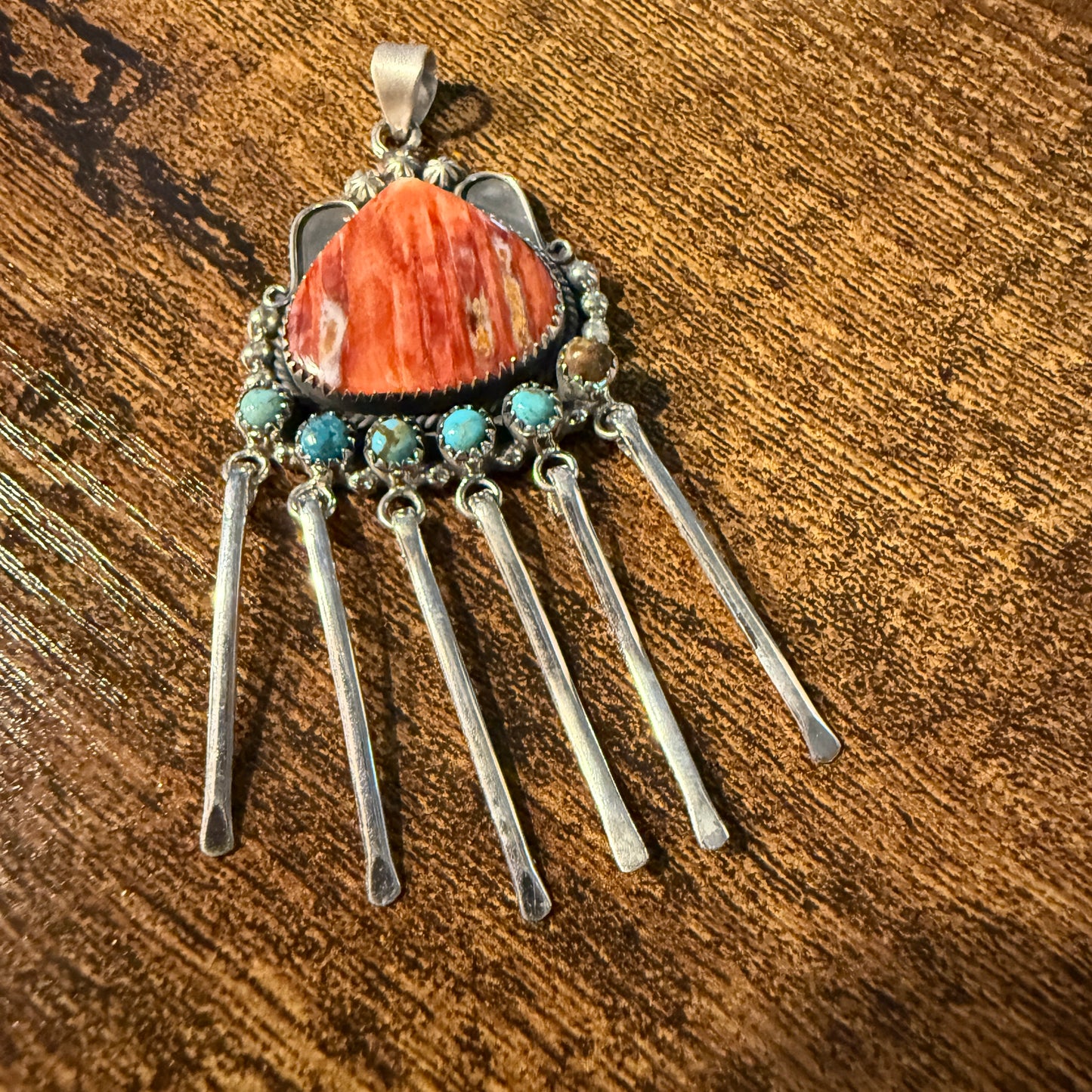 Orange Spiny Oyster And Kingman Turquoise Pendant In Sterling Silver