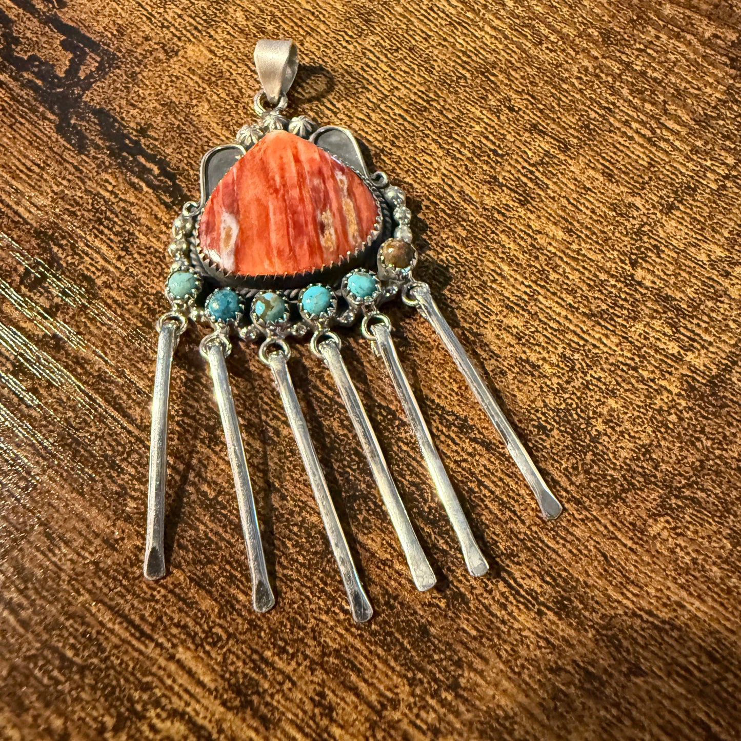 Orange Spiny Oyster And Kingman Turquoise Pendant In Sterling Silver