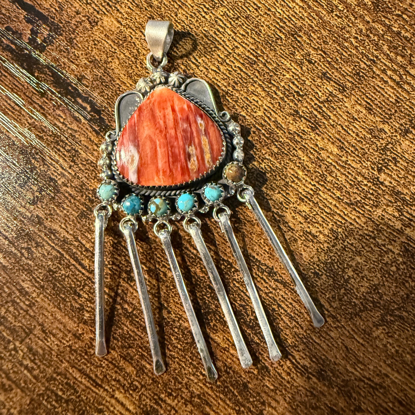 Orange Spiny Oyster And Kingman Turquoise Pendant In Sterling Silver