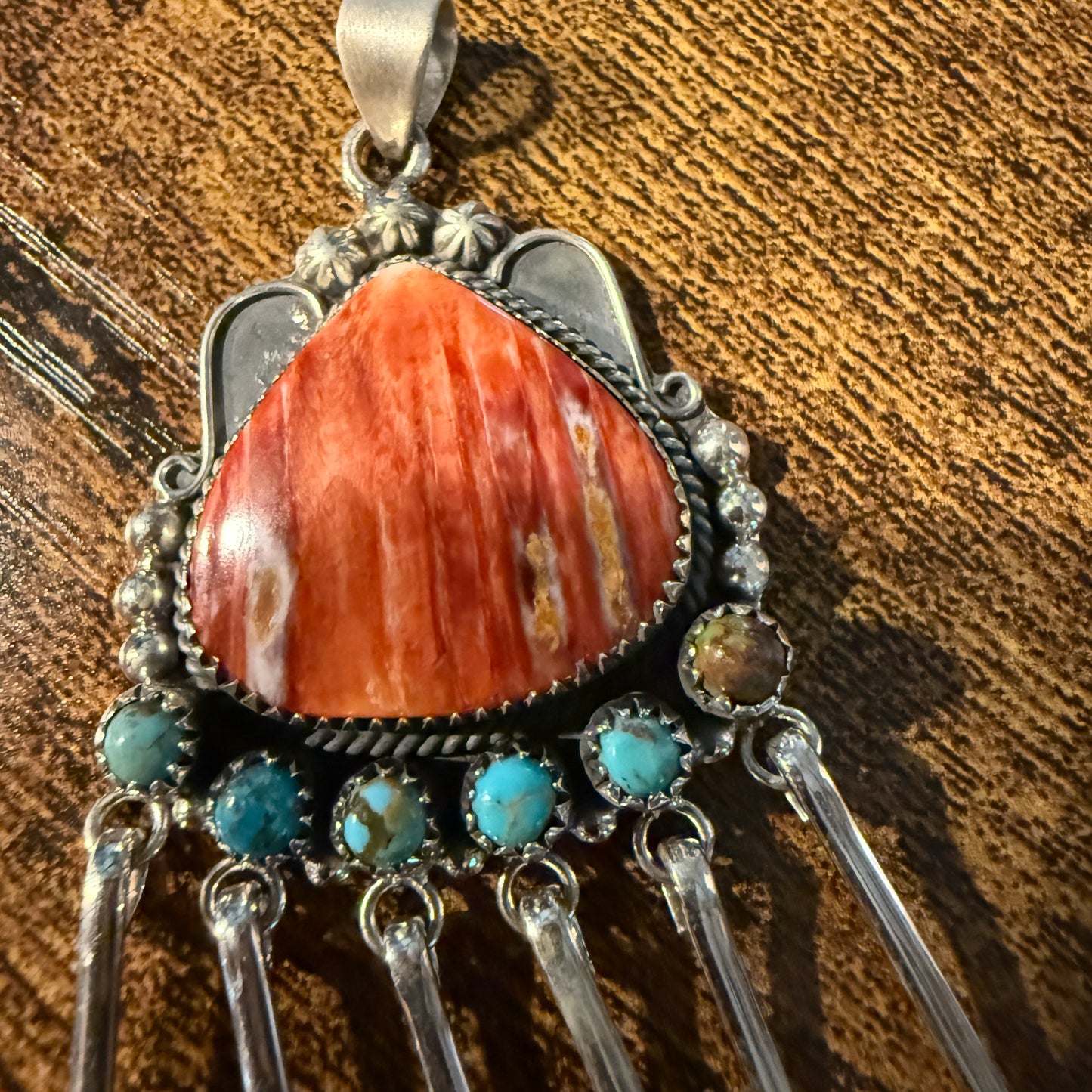 Orange Spiny Oyster And Kingman Turquoise Pendant In Sterling Silver