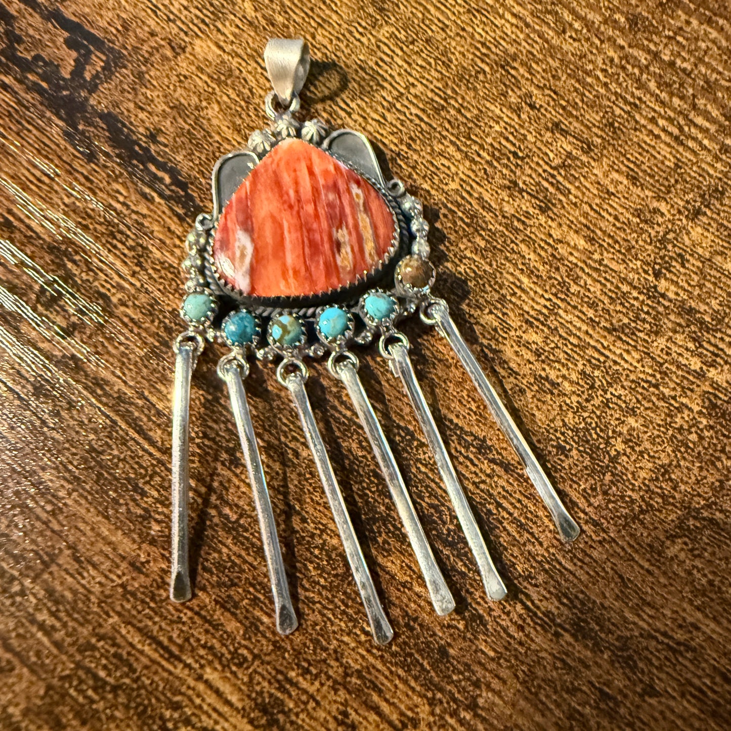Orange Spiny Oyster And Kingman Turquoise Pendant In Sterling Silver