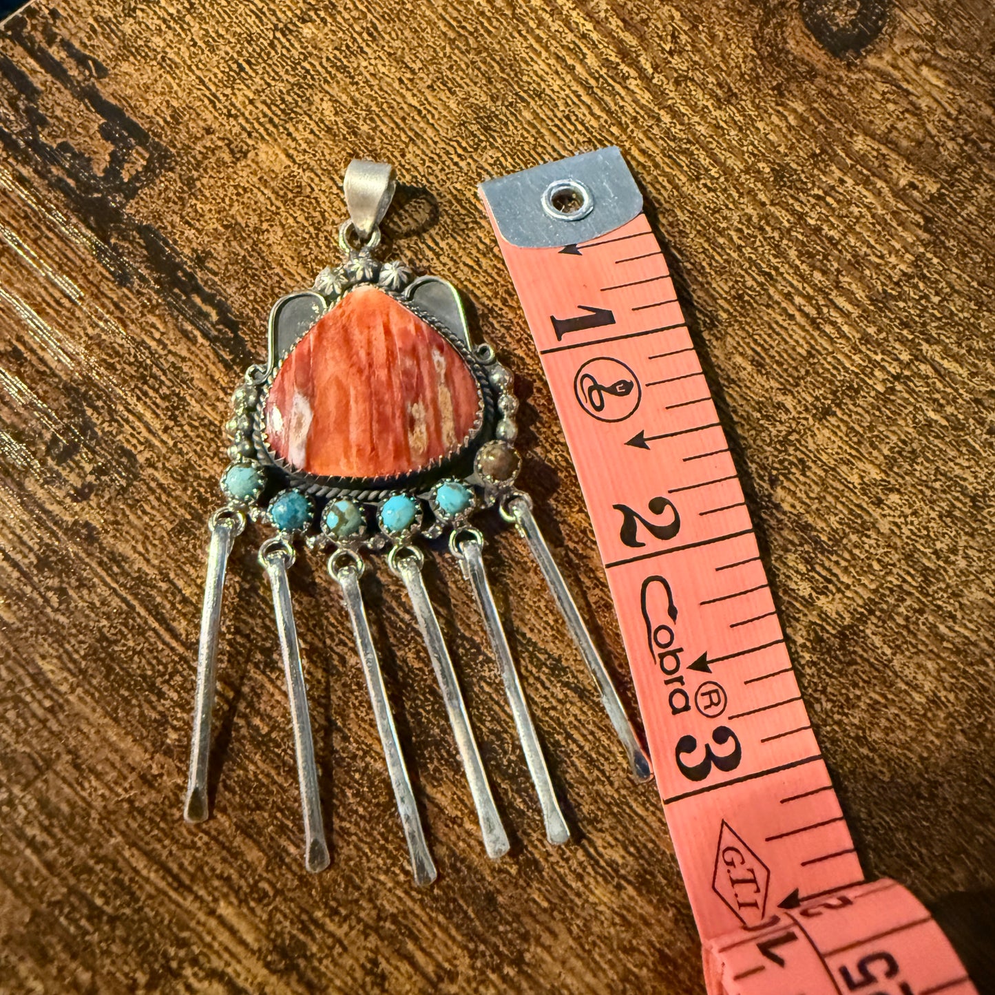Orange Spiny Oyster And Kingman Turquoise Pendant In Sterling Silver