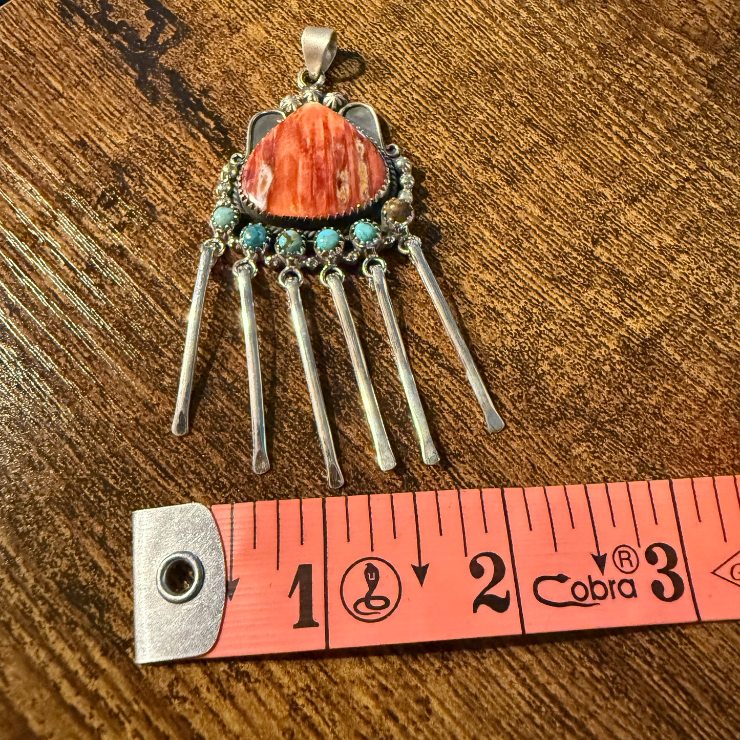 Orange Spiny Oyster And Kingman Turquoise Pendant In Sterling Silver