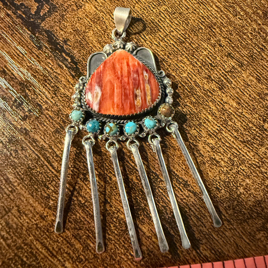 Orange Spiny Oyster And Kingman Turquoise Pendant In Sterling Silver