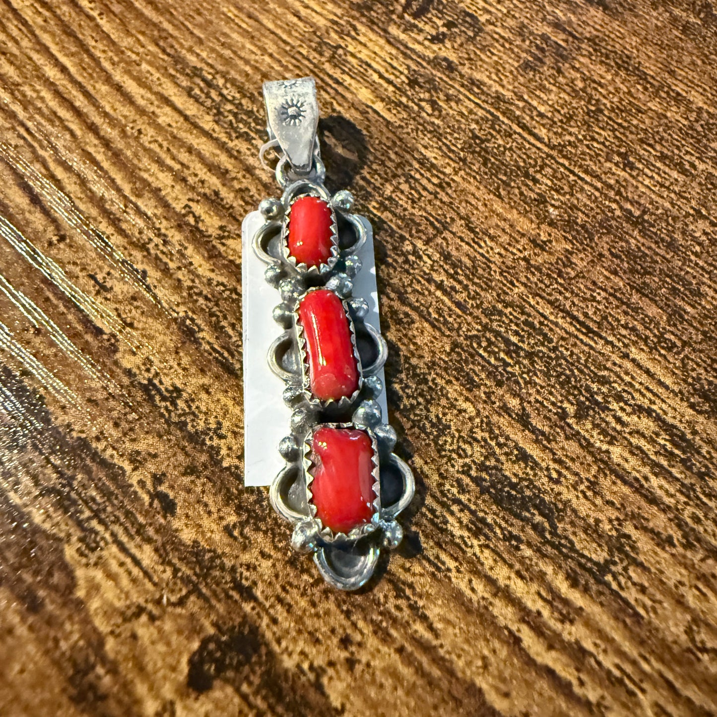 Navajo Style Coral Gemstone Pendant in Sterling Silver