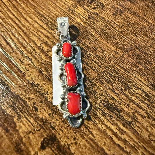 Navajo Style Coral Gemstone Pendant in Sterling Silver