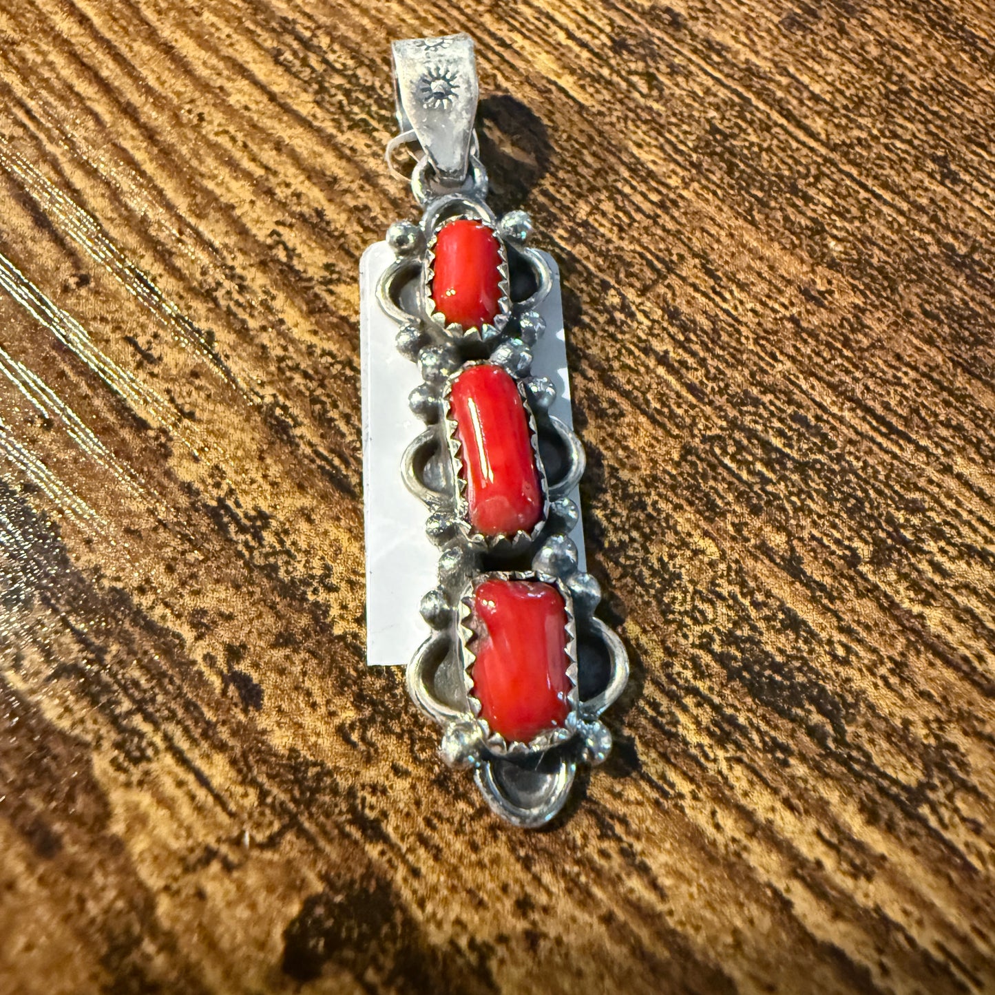 Navajo Style Coral Gemstone Pendant in Sterling Silver