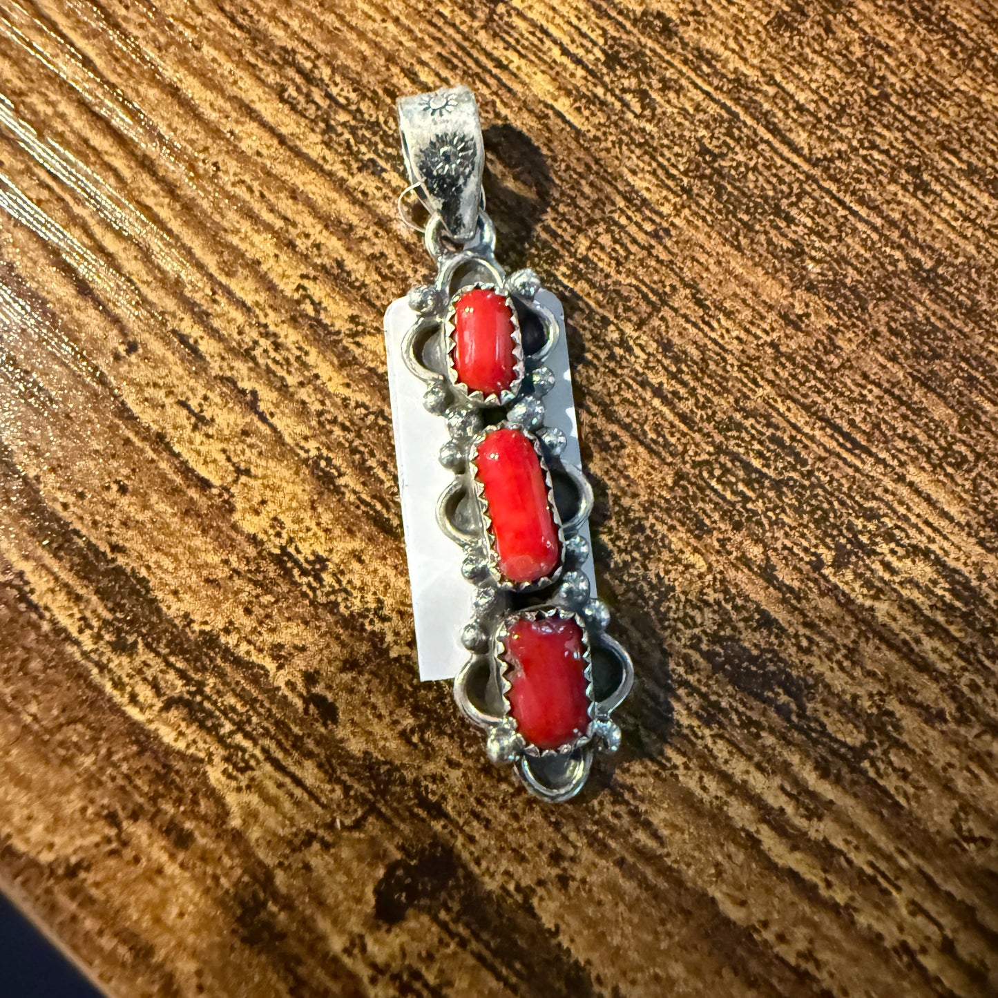 Navajo Style Coral Gemstone Pendant in Sterling Silver