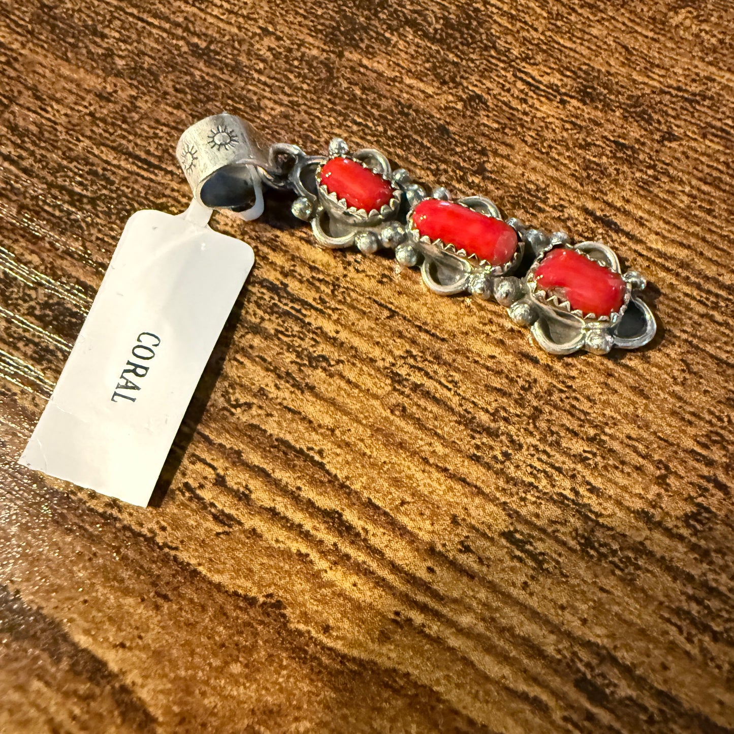 Navajo Style Coral Gemstone Pendant in Sterling Silver