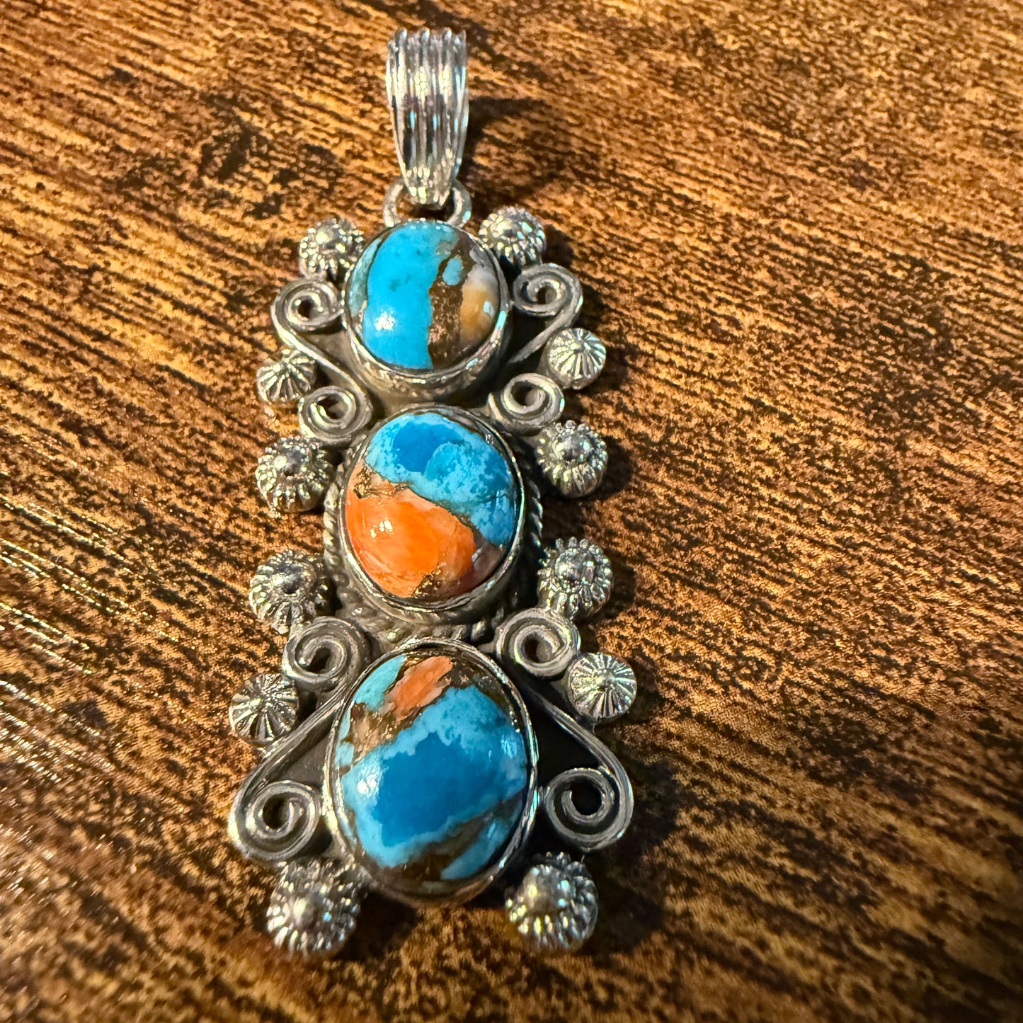 Turquoise Spiny Oyster Floral Pendant Sterling Silver Jewelry