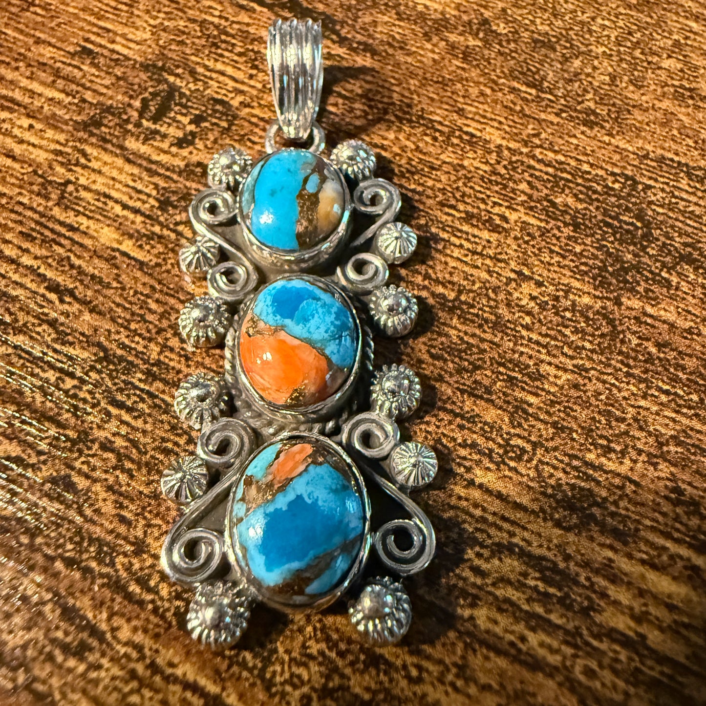 Turquoise Spiny Oyster Floral Pendant Sterling Silver Jewelry