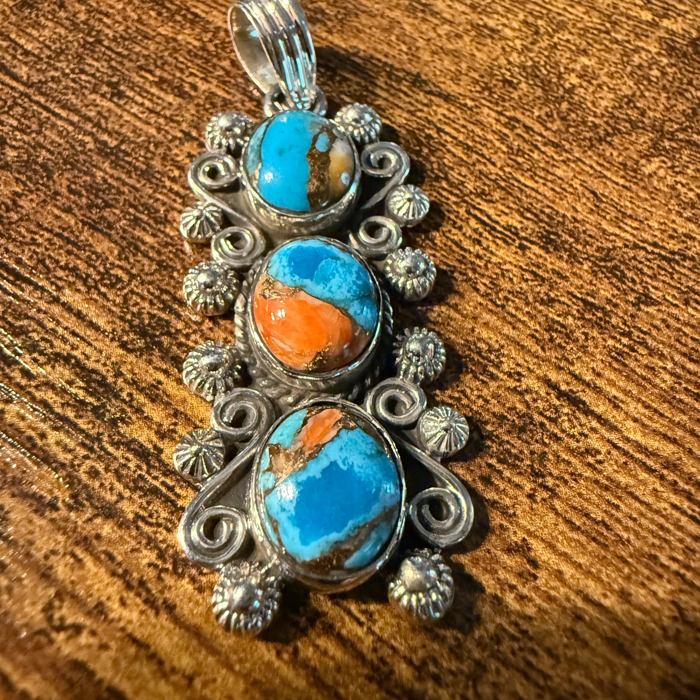 Turquoise Spiny Oyster Floral Pendant Sterling Silver Jewelry