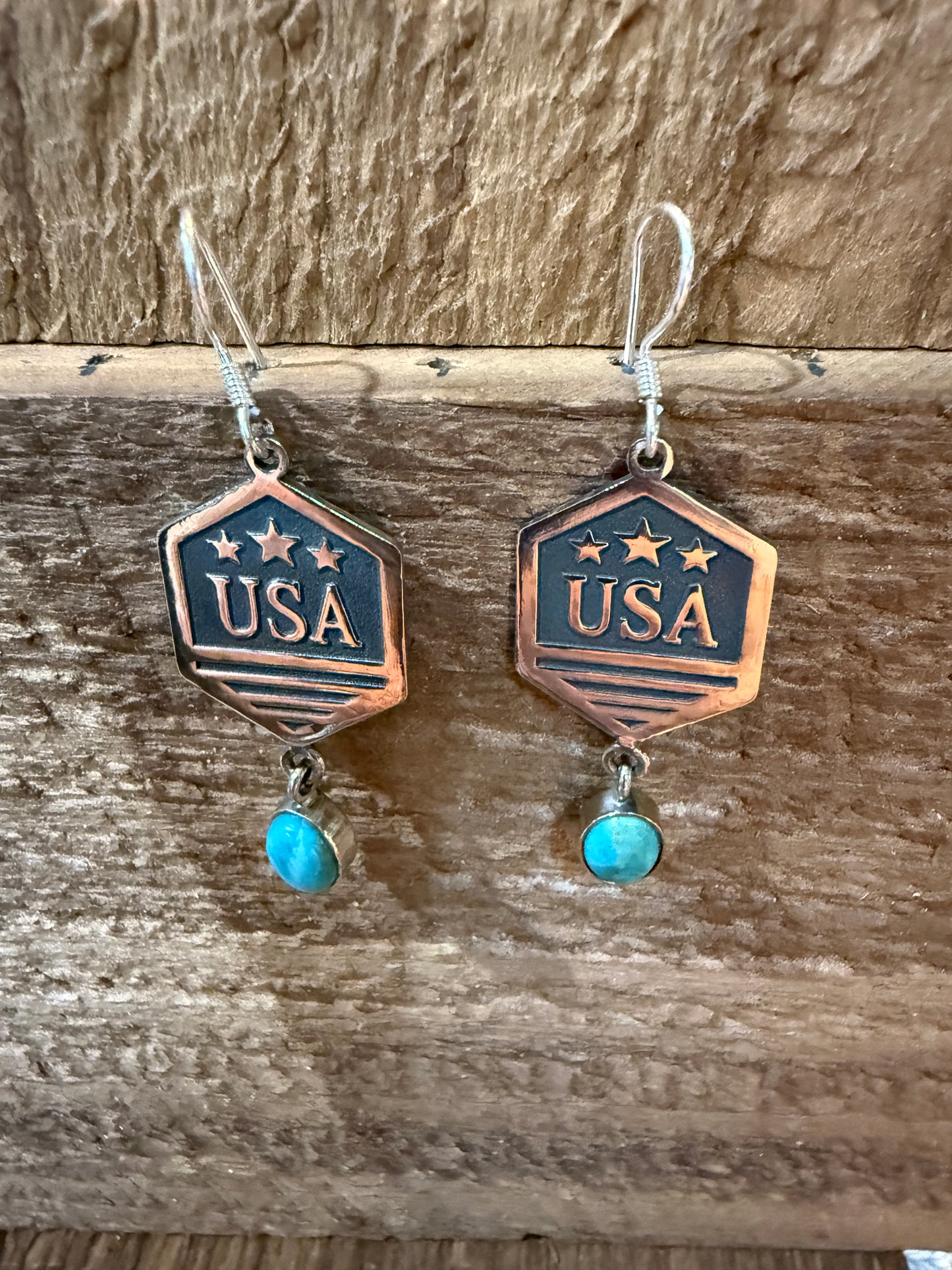 USA America Patriots Kingman Turquoise Sterling Silver Wire Drop Earrings 2 Inch