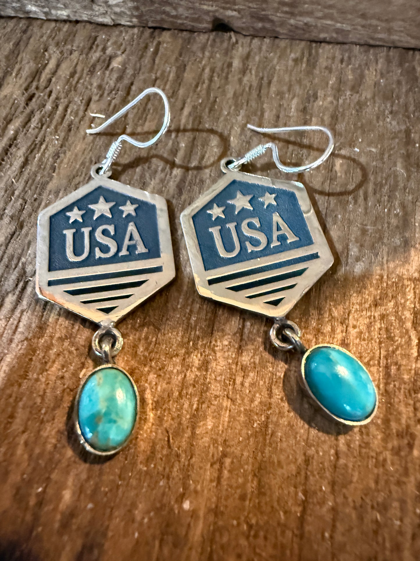 USA America Patriots Kingman Turquoise Sterling Silver Wire Drop Earrings 2 Inch