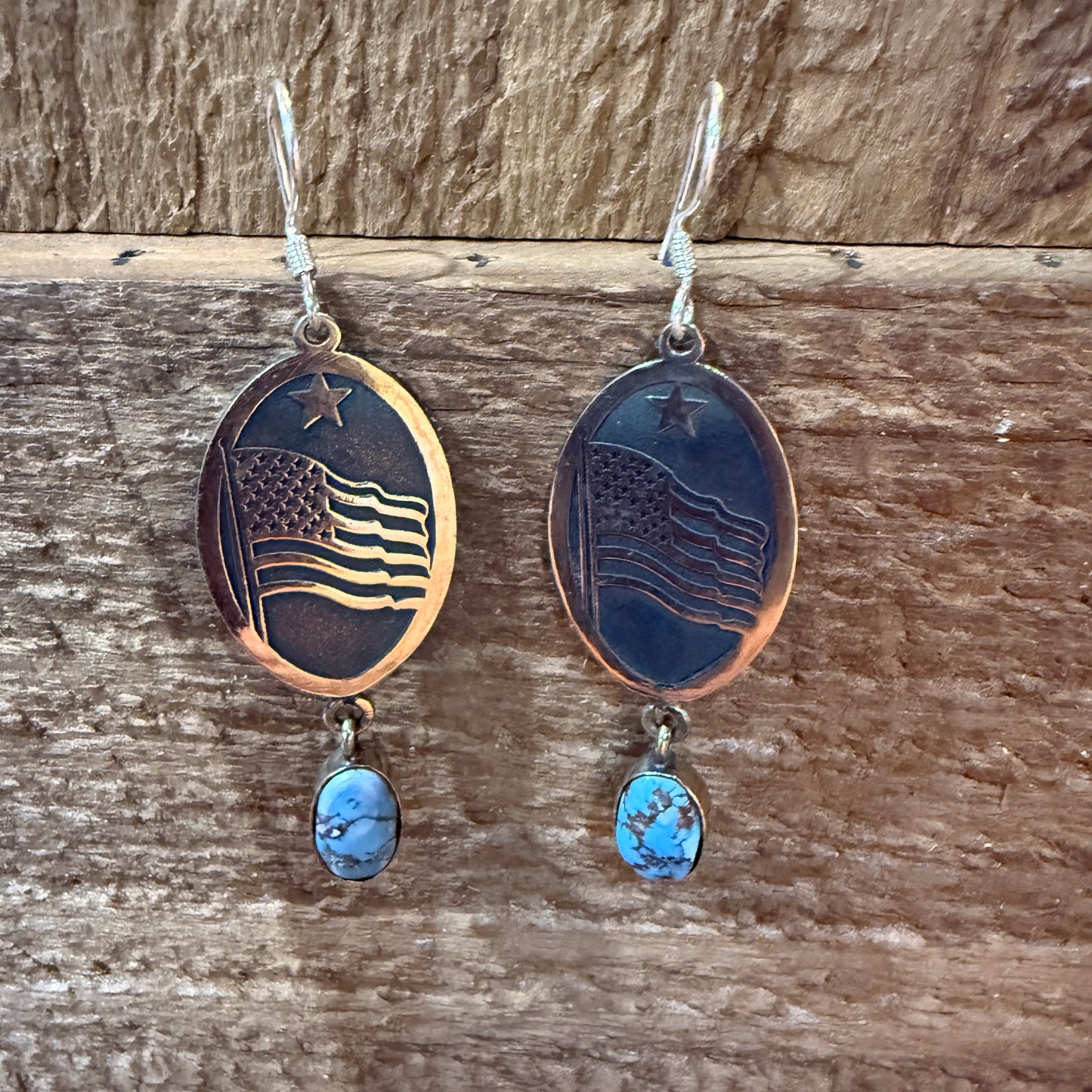 Golden Hills Turquoise USA Flag Patriots Drop Wire Earrings In Sterling Silver 2 Inch