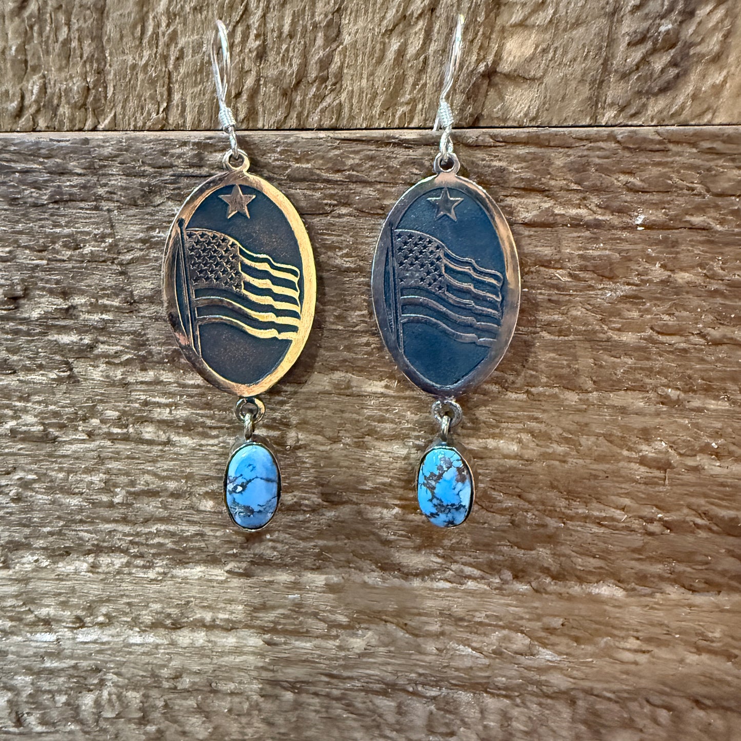 Golden Hills Turquoise USA Flag Patriots Drop Wire Earrings In Sterling Silver 2 Inch