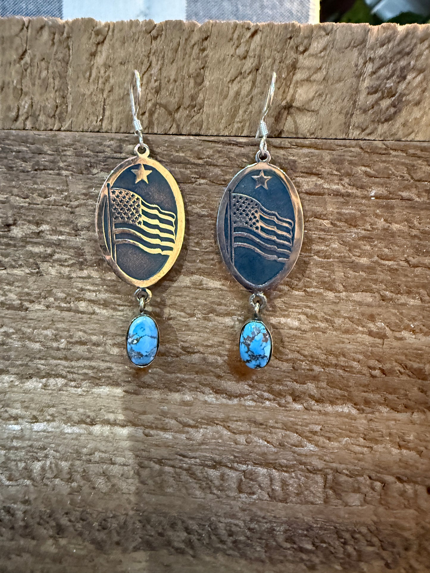 Golden Hills Turquoise USA Flag Patriots Drop Wire Earrings In Sterling Silver 2 Inch