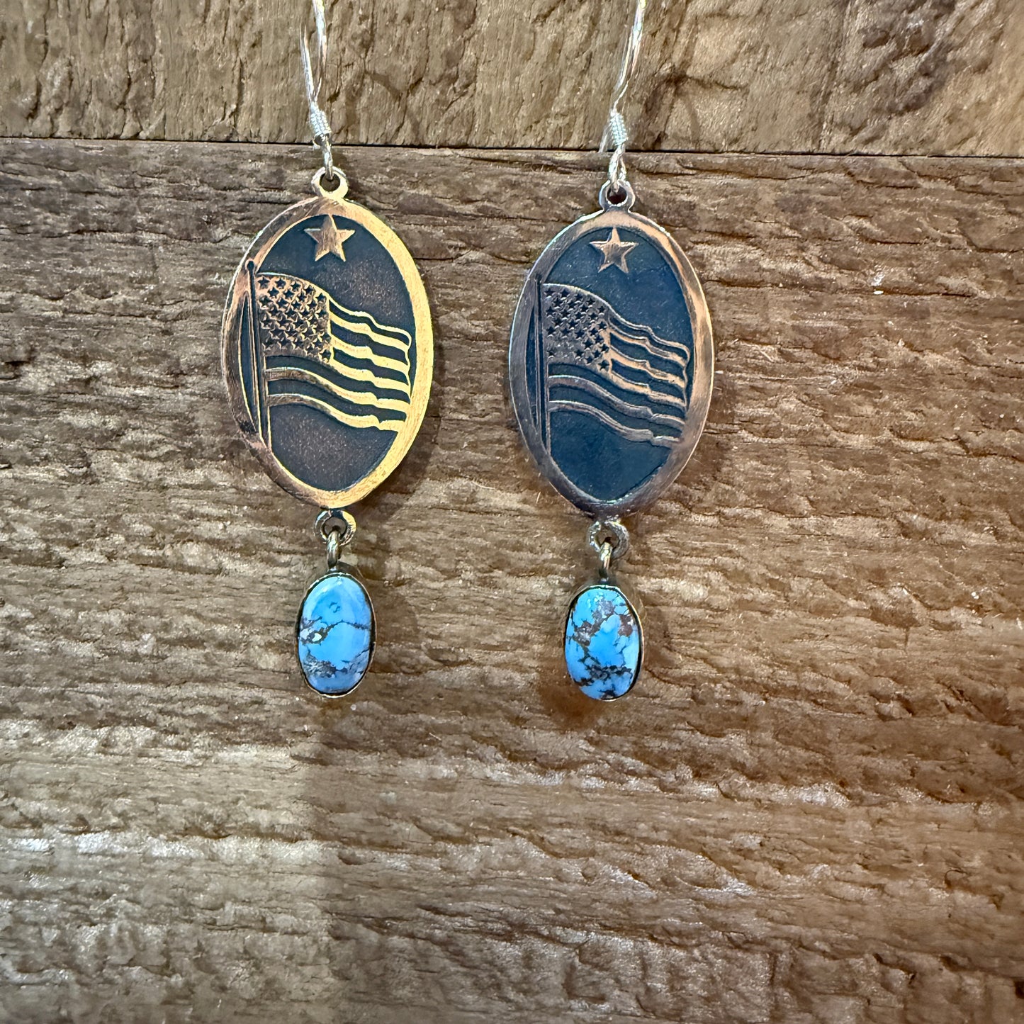 Golden Hills Turquoise USA Flag Patriots Drop Wire Earrings In Sterling Silver 2 Inch