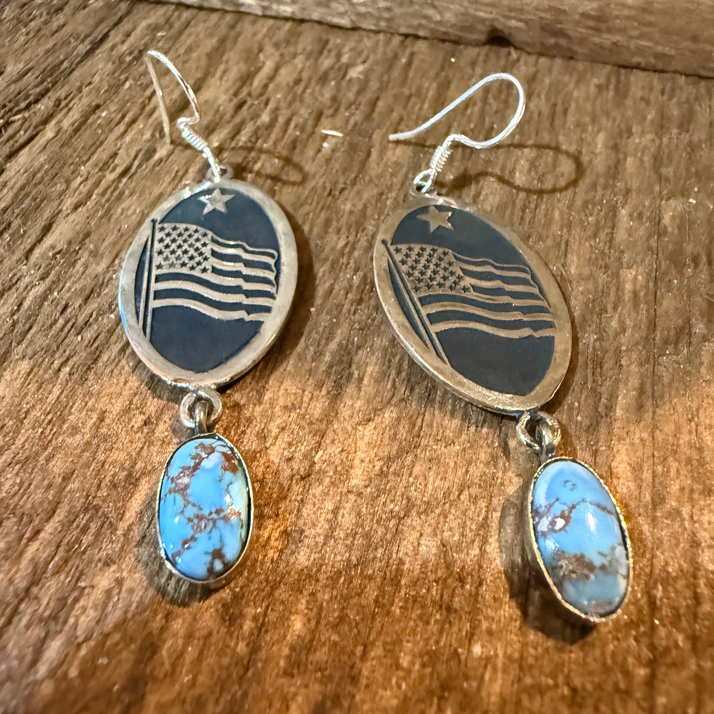 Golden Hills Turquoise USA Flag Patriots Drop Wire Earrings In Sterling Silver 2 Inch