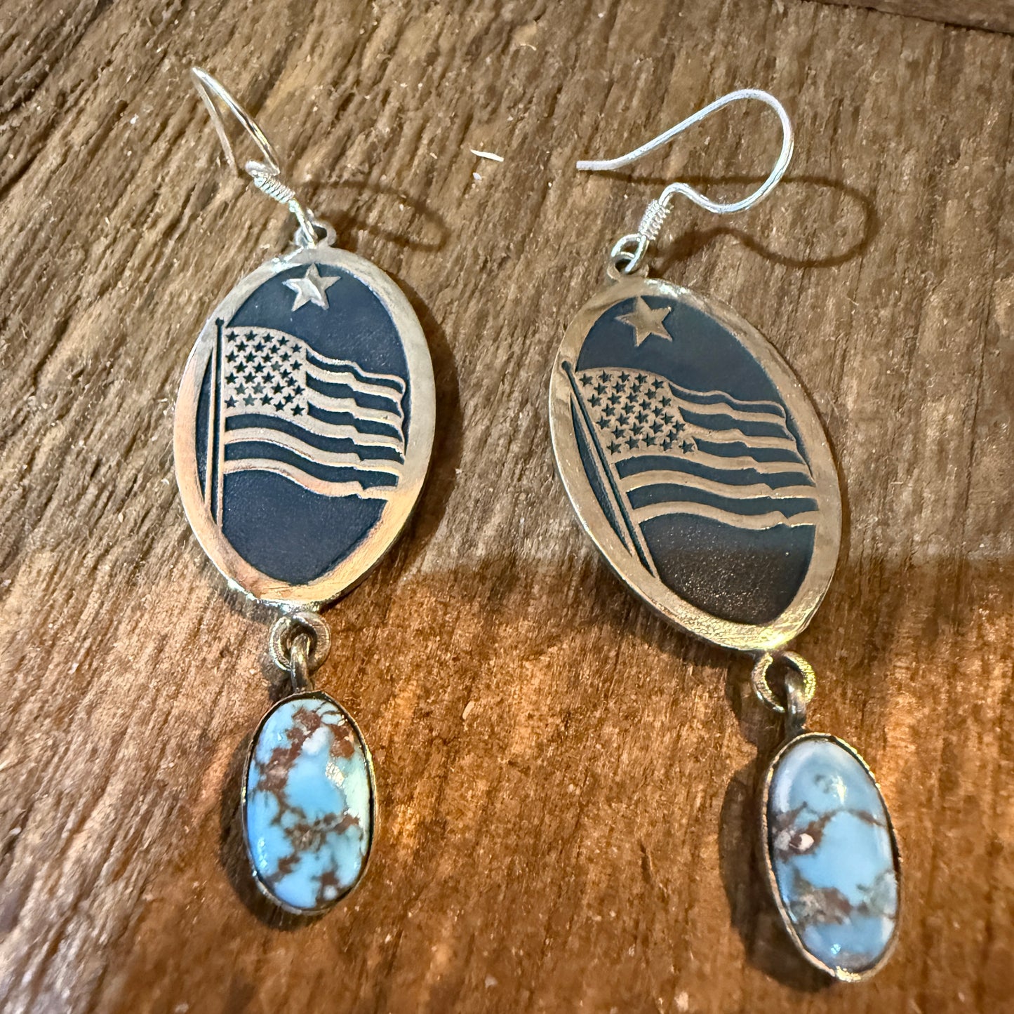 Golden Hills Turquoise USA Flag Patriots Drop Wire Earrings In Sterling Silver 2 Inch