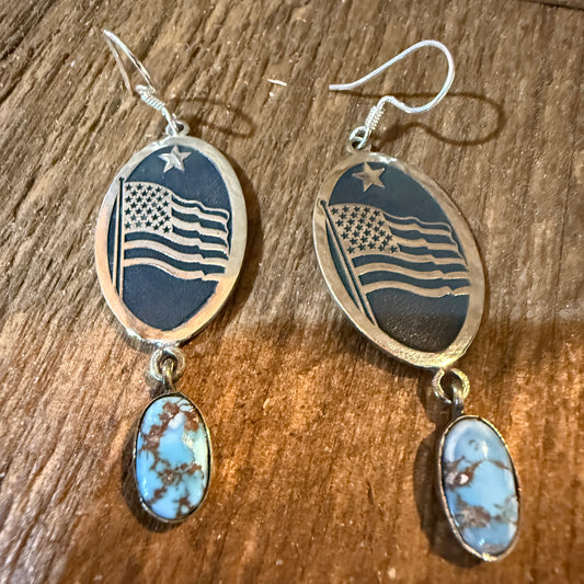 Golden Hills Turquoise USA Flag Patriots Drop Wire Earrings In Sterling Silver 2 Inch