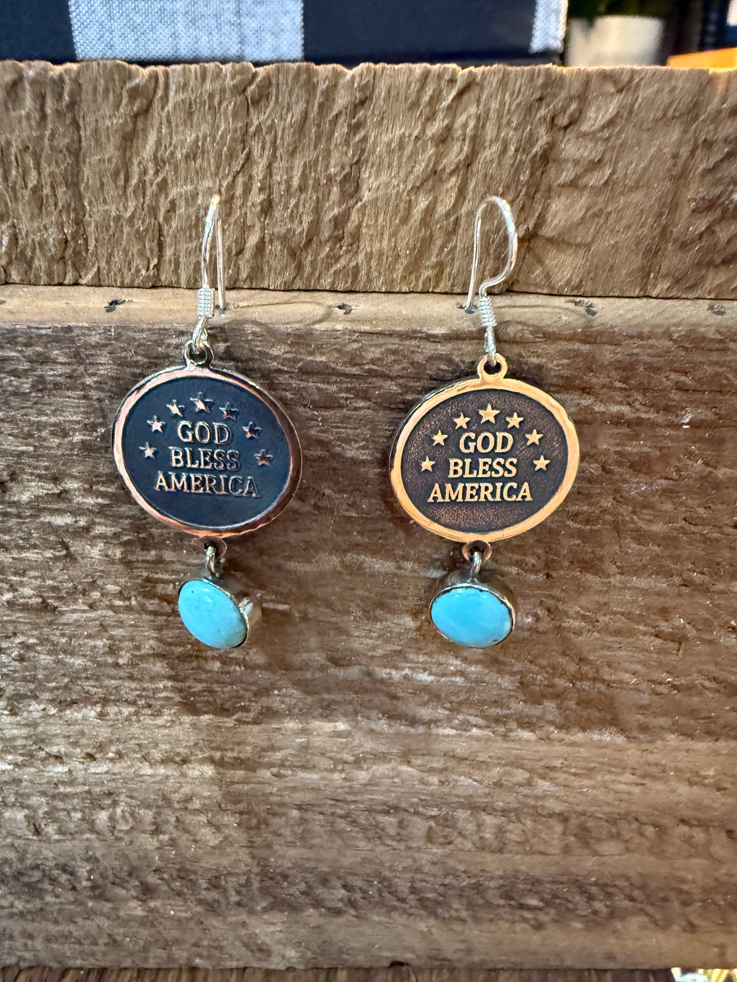 God Bless America Kingman Turquoise Wire Drop Earrings 2 Inch Sterling Silver