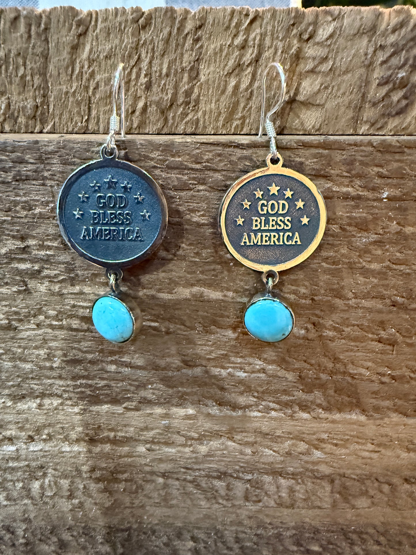 God Bless America Kingman Turquoise Wire Drop Earrings 2 Inch Sterling Silver