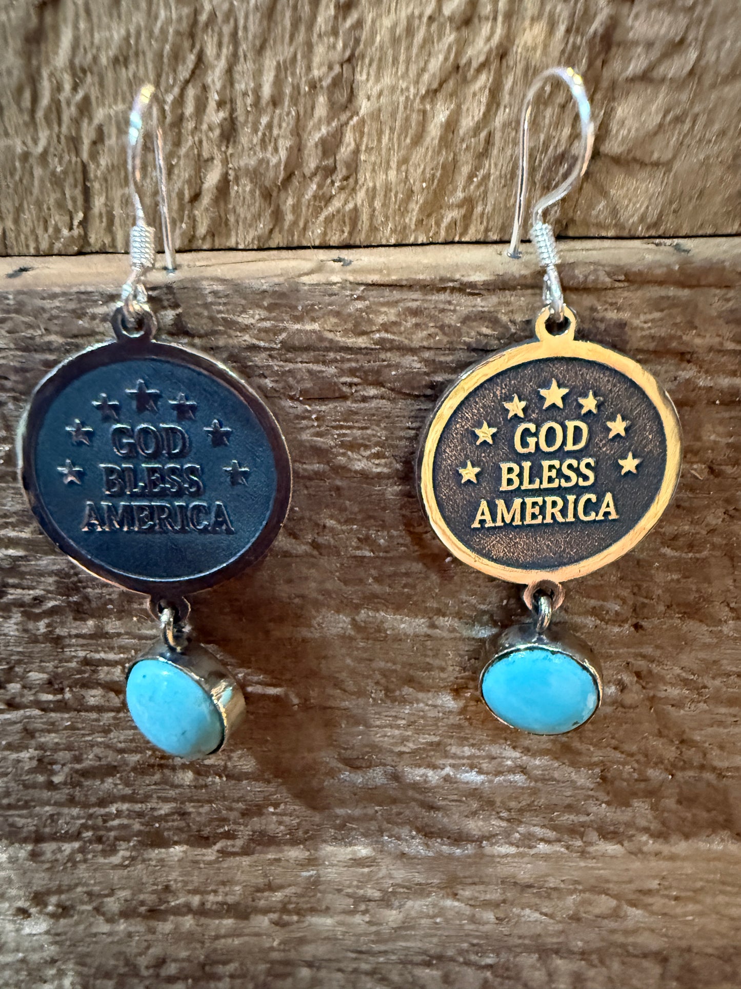 God Bless America Kingman Turquoise Wire Drop Earrings 2 Inch Sterling Silver