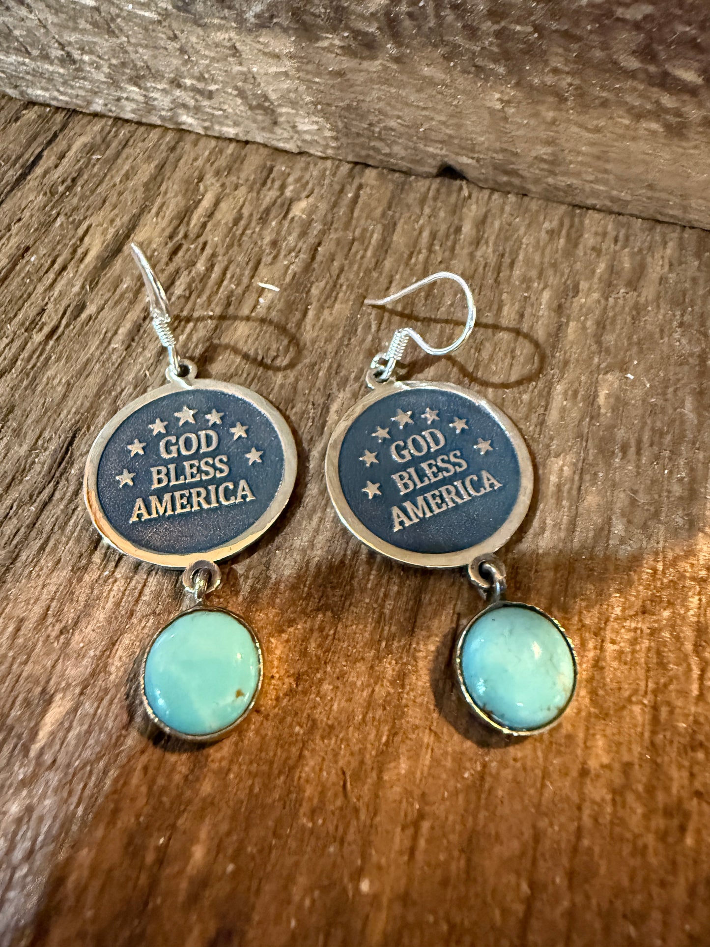 God Bless America Kingman Turquoise Wire Drop Earrings 2 Inch Sterling Silver