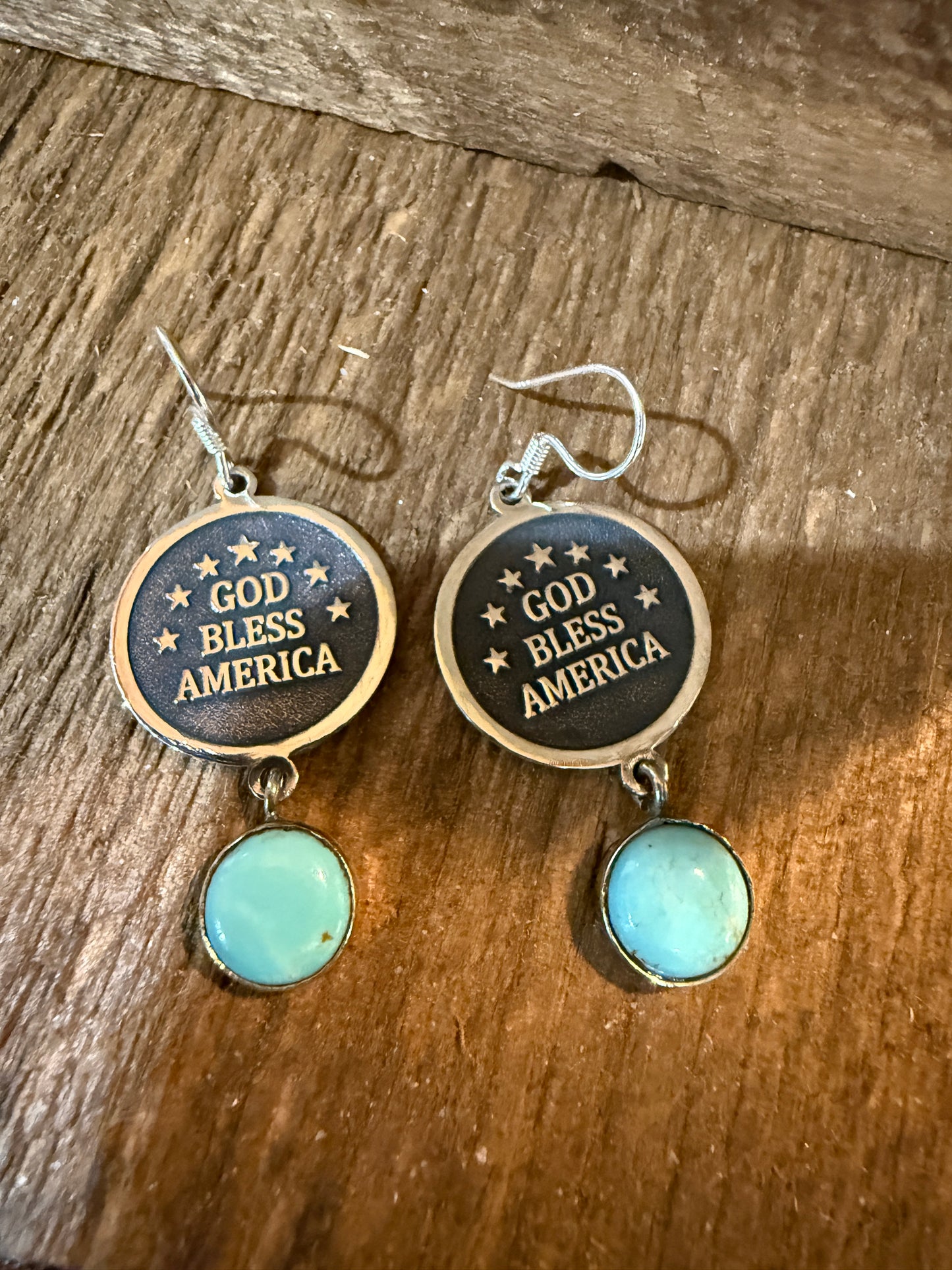 God Bless America Kingman Turquoise Wire Drop Earrings 2 Inch Sterling Silver