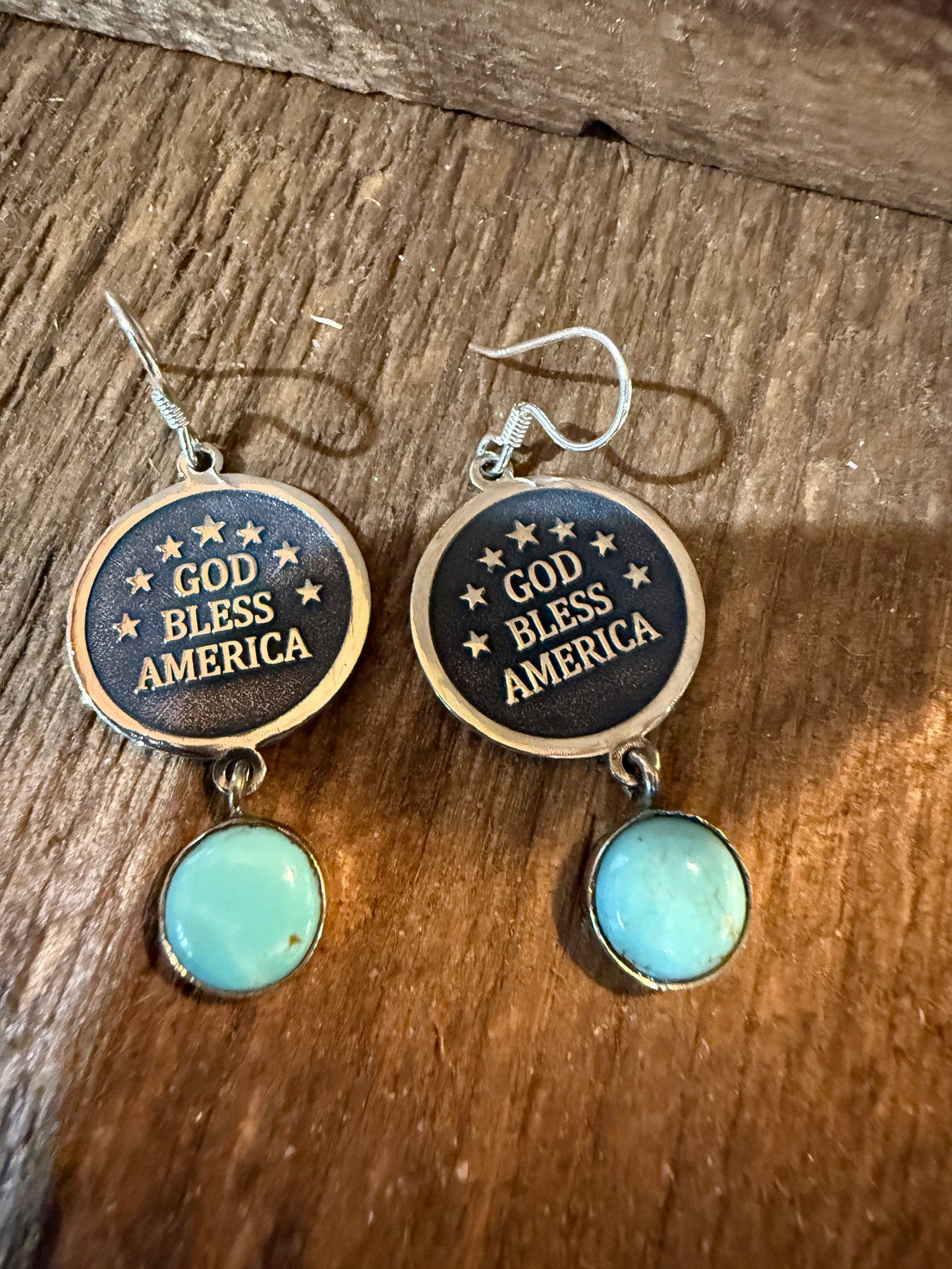 God Bless America Kingman Turquoise Wire Drop Earrings 2 Inch Sterling Silver