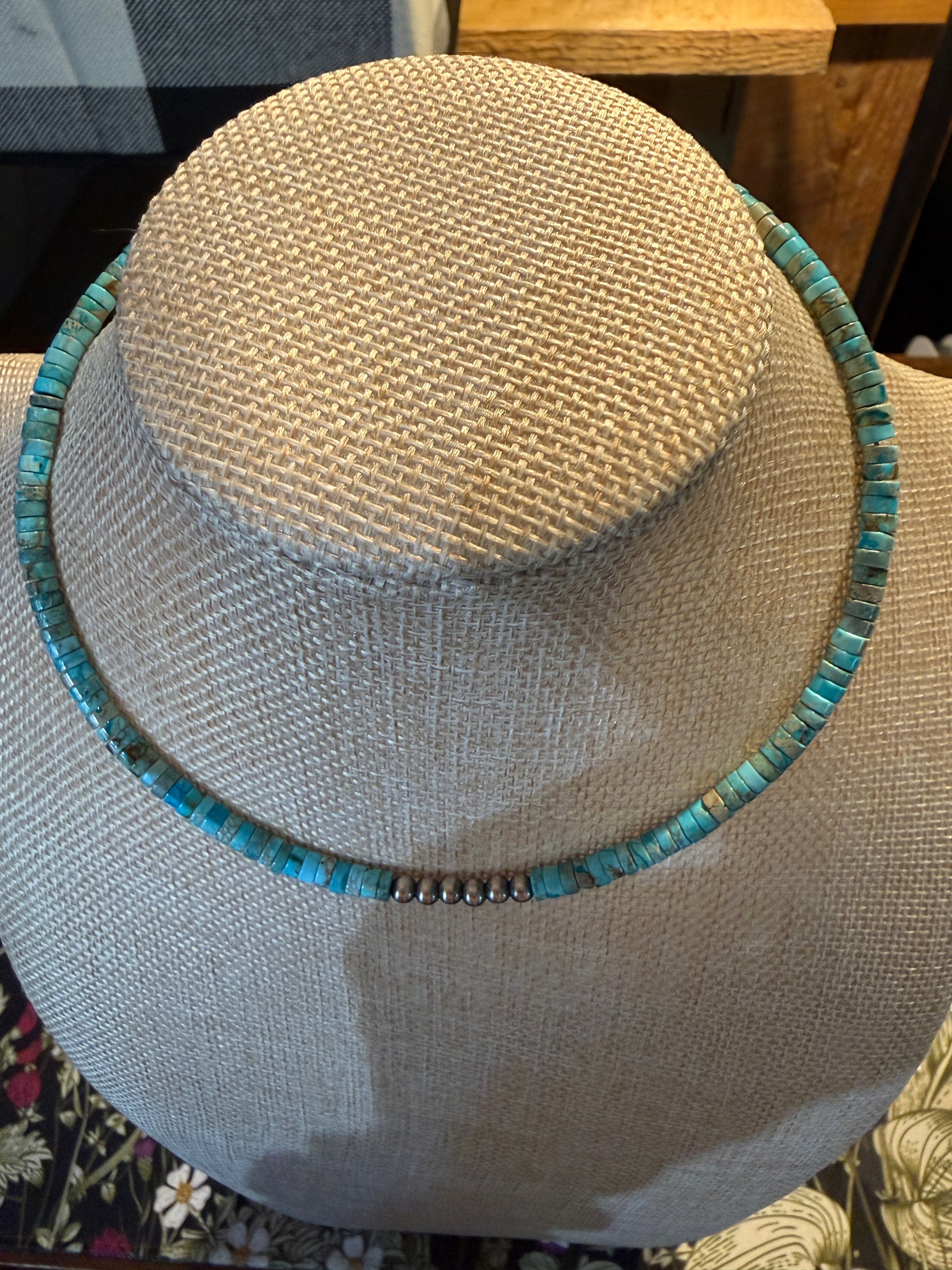 Kingman Turquoise and Sterling Pearls Choker Wire Beaded Necklace Wild West Boho